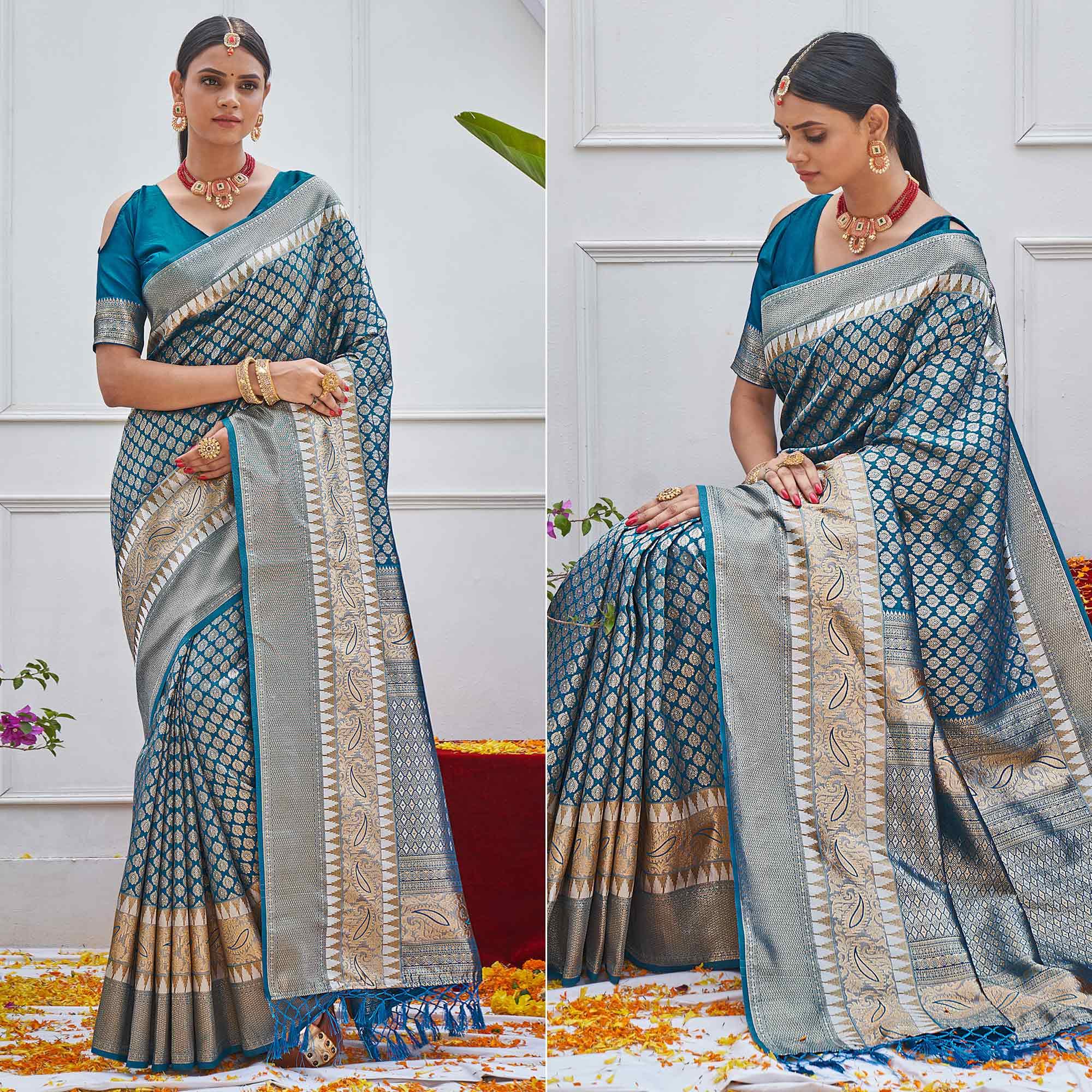 Blue Woven Art Silk Saree With Tassels - Peachmode