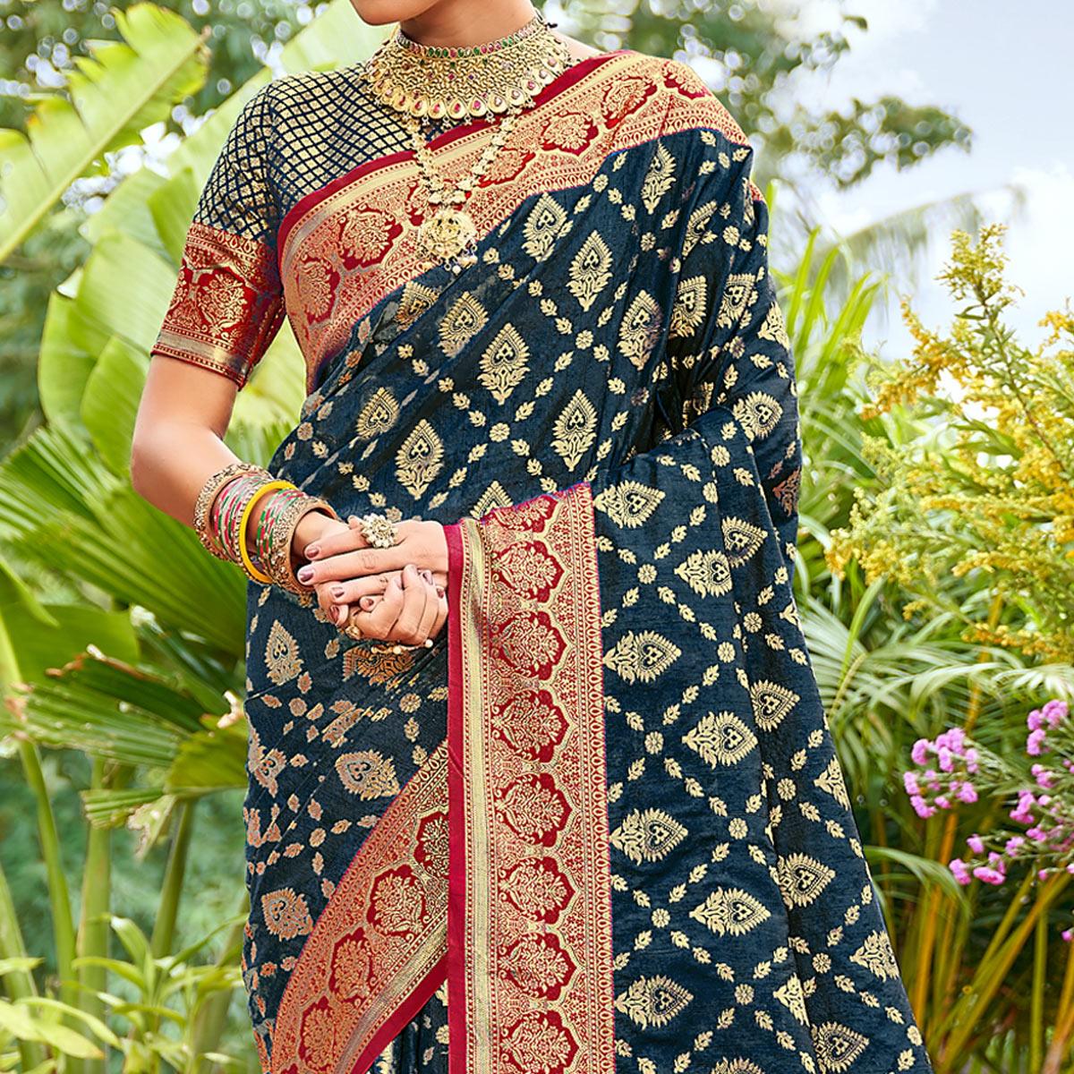 Blue Woven Art Silk Saree With Tassels - Peachmode