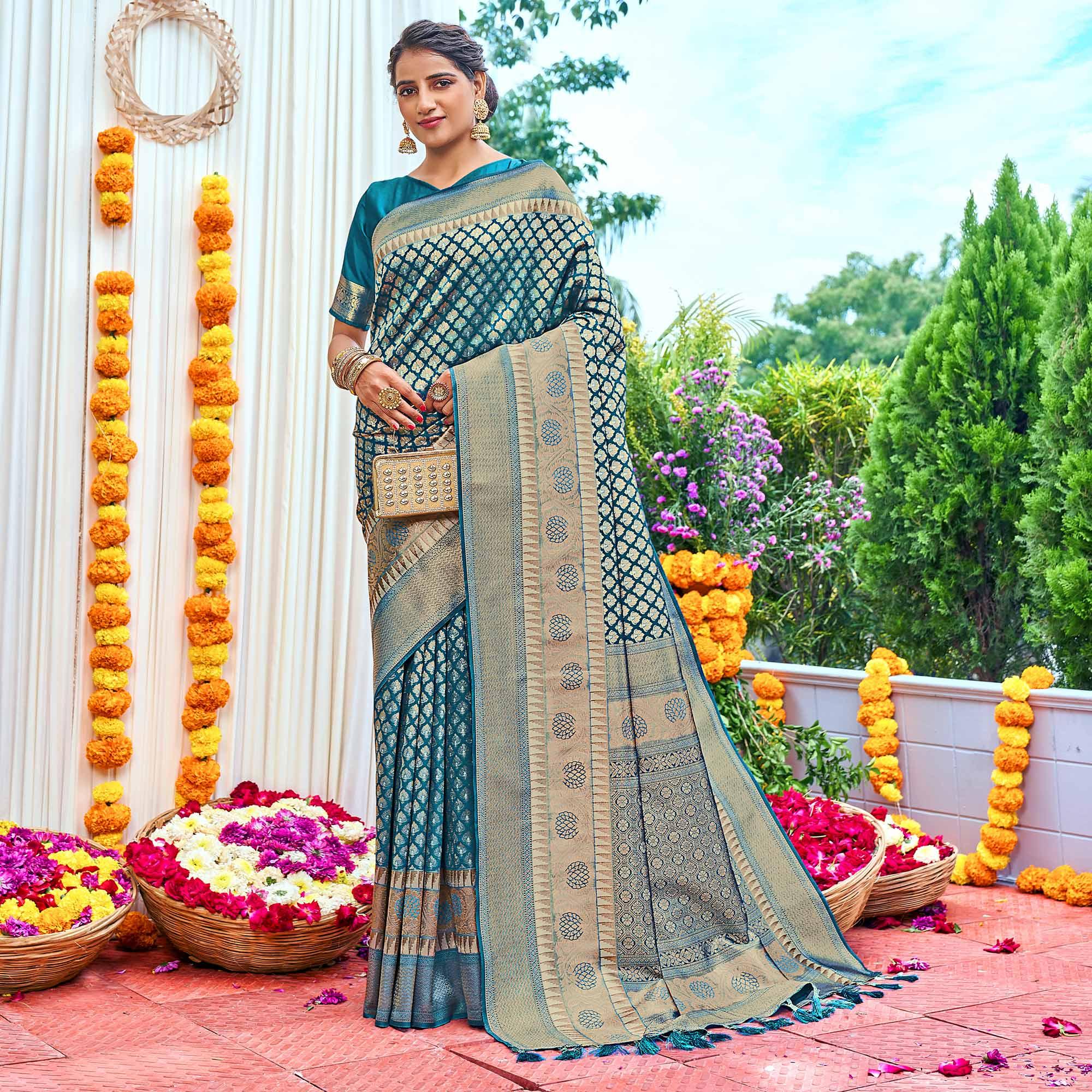 Blue Woven Art Silk Saree With Tassels - Peachmode