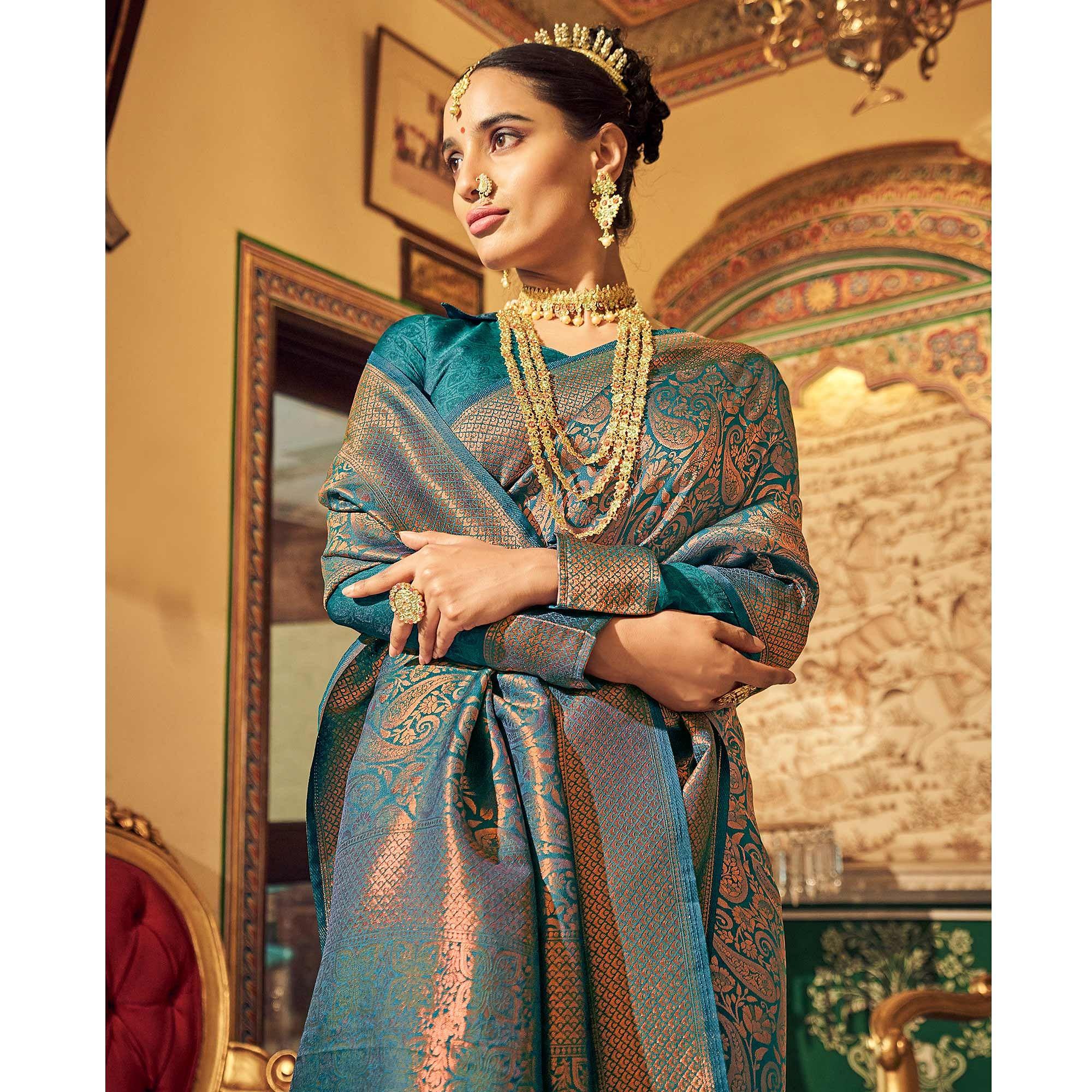 Blue Woven Art Silk Saree With Tassels - Peachmode