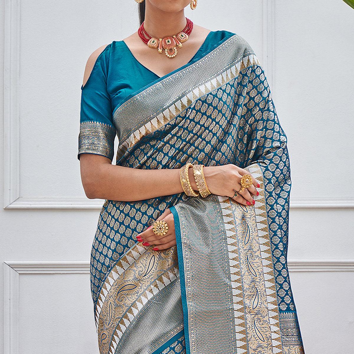 Blue Woven Art Silk Saree With Tassels - Peachmode
