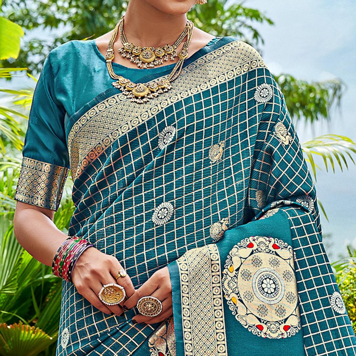 Blue Woven Art Silk Saree With Tassels - Peachmode