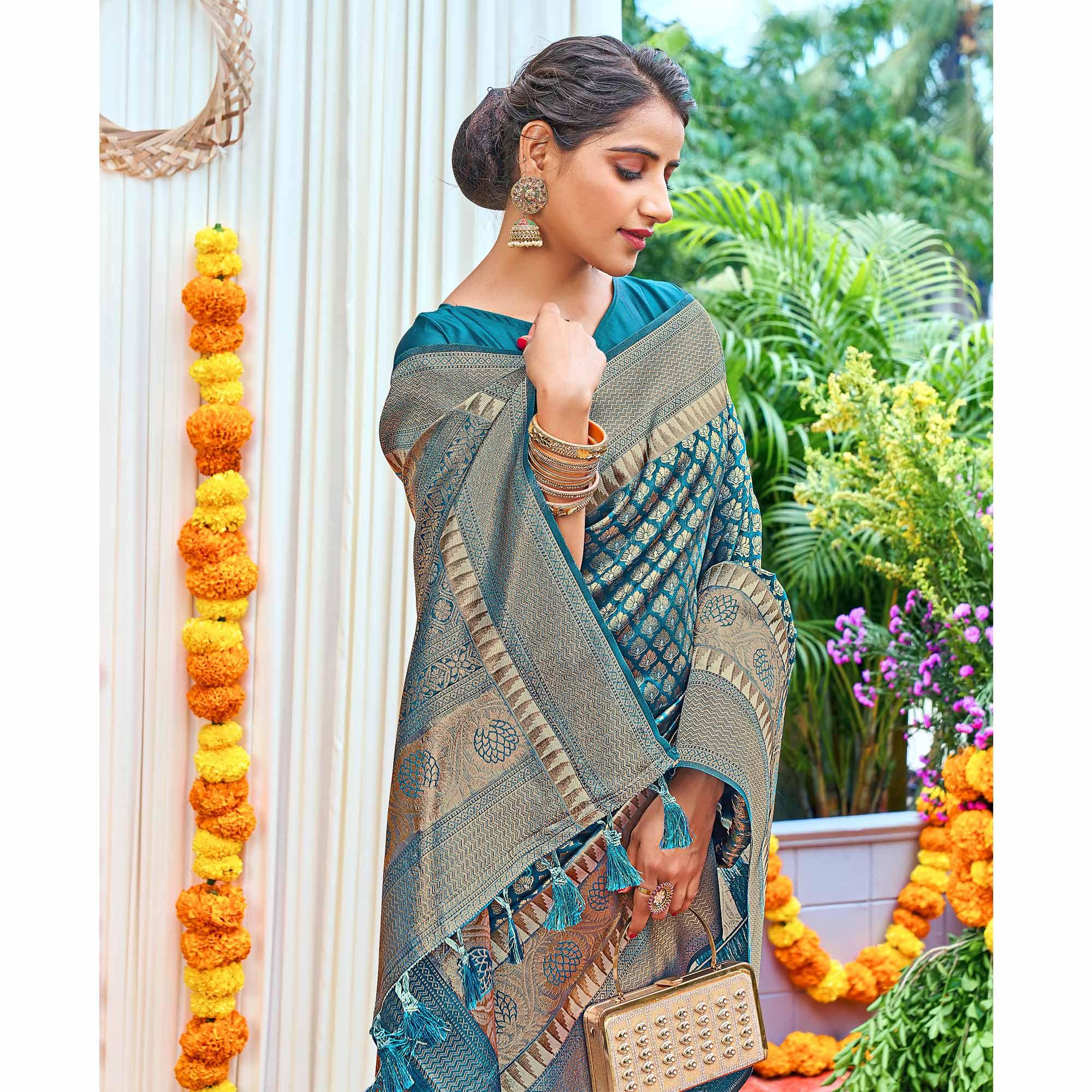 Blue Woven Art Silk Saree With Tassels - Peachmode
