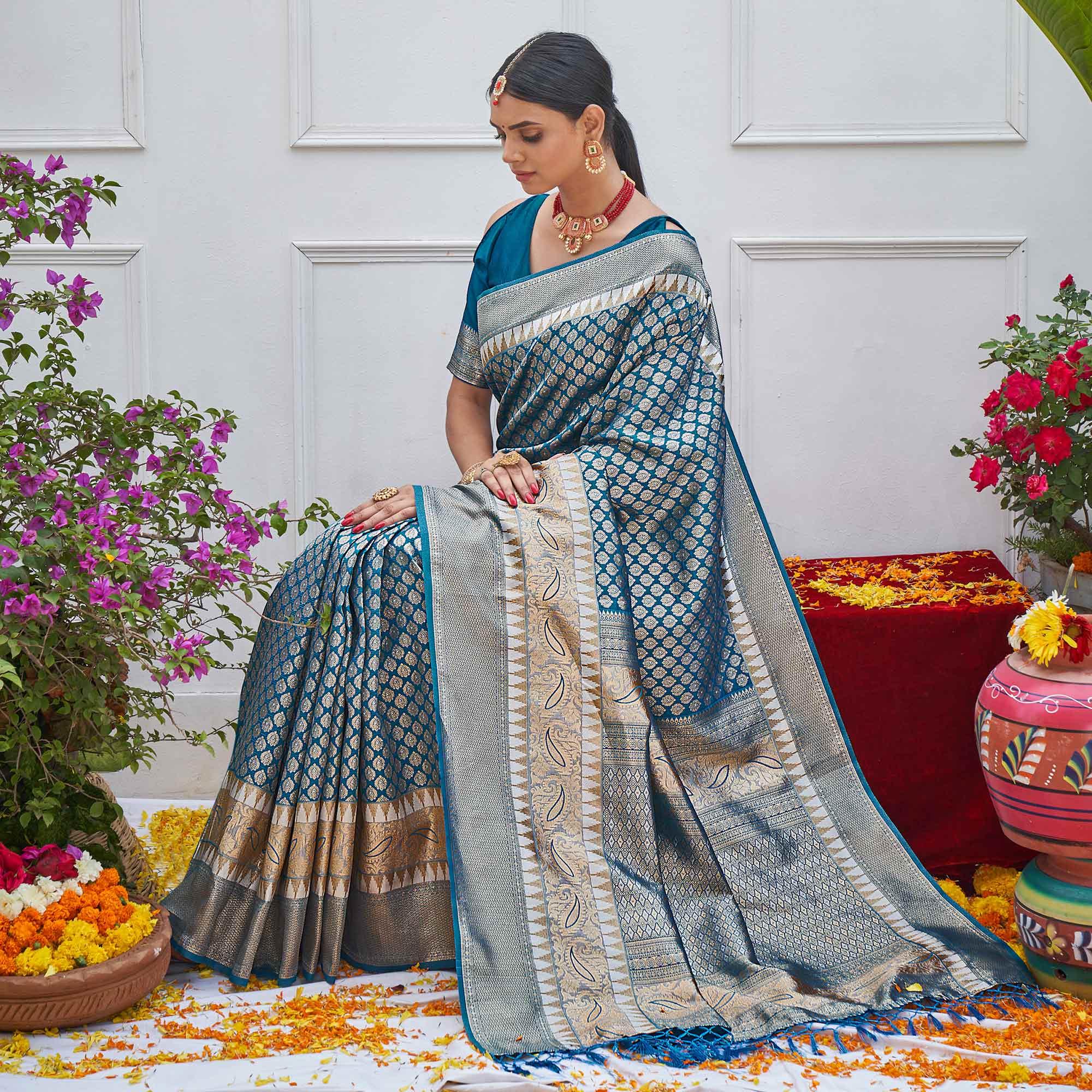 Blue Woven Art Silk Saree With Tassels - Peachmode