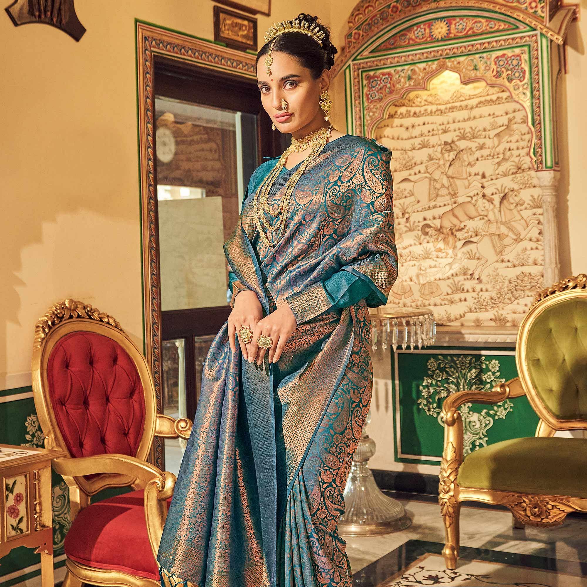 Blue Woven Art Silk Saree With Tassels - Peachmode