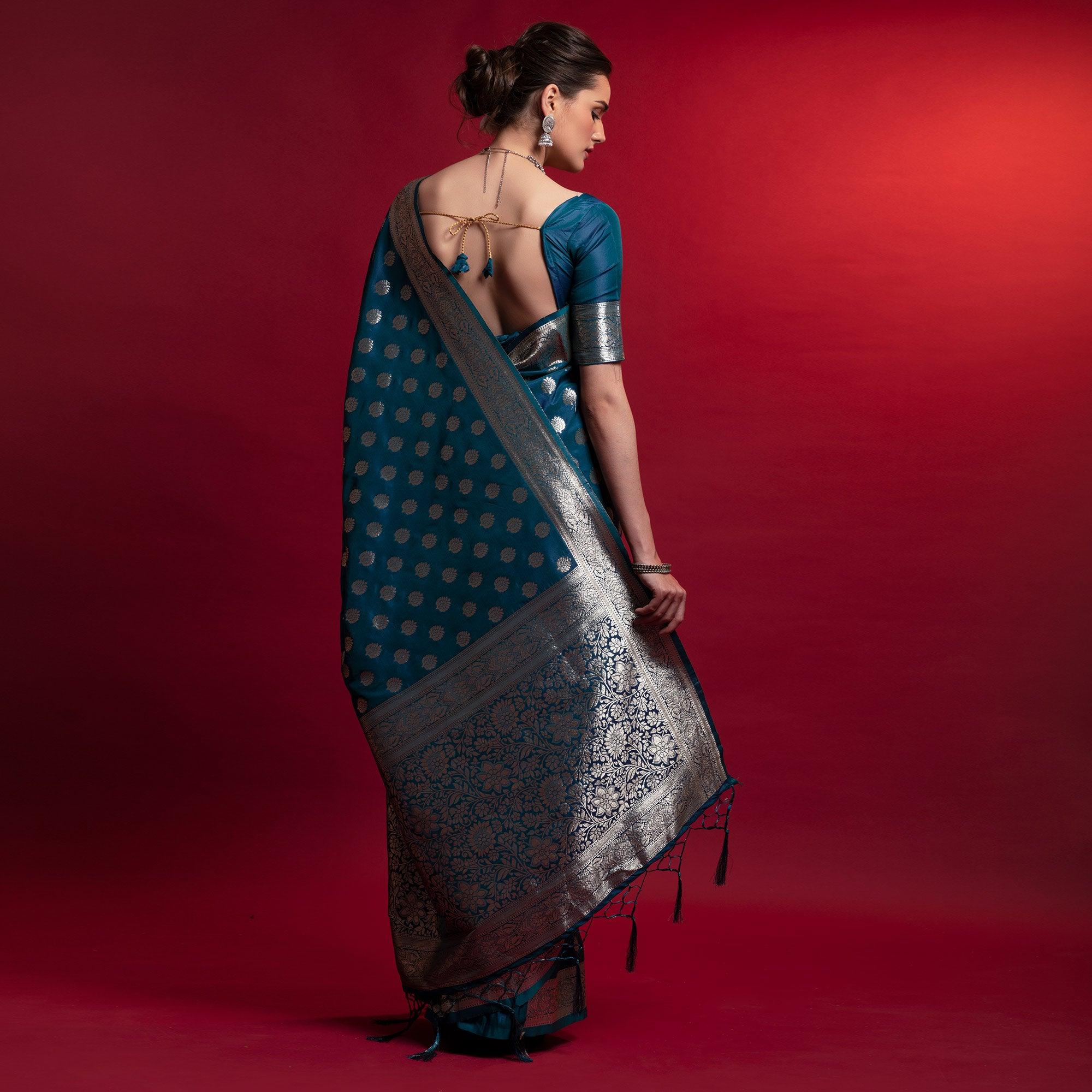 Blue Woven Art Silk Saree With Tassels - Peachmode