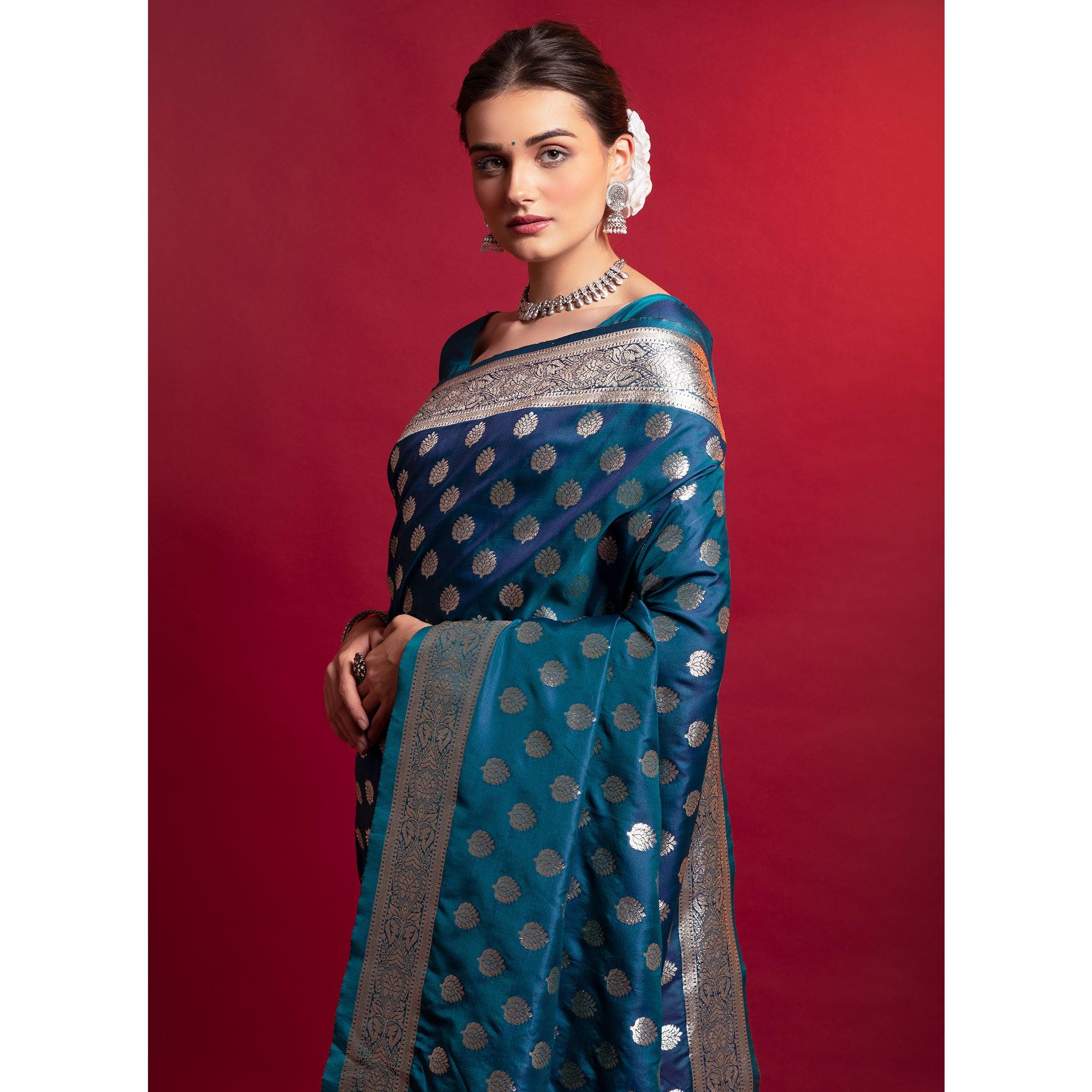 Blue Woven Art Silk Saree With Tassels - Peachmode