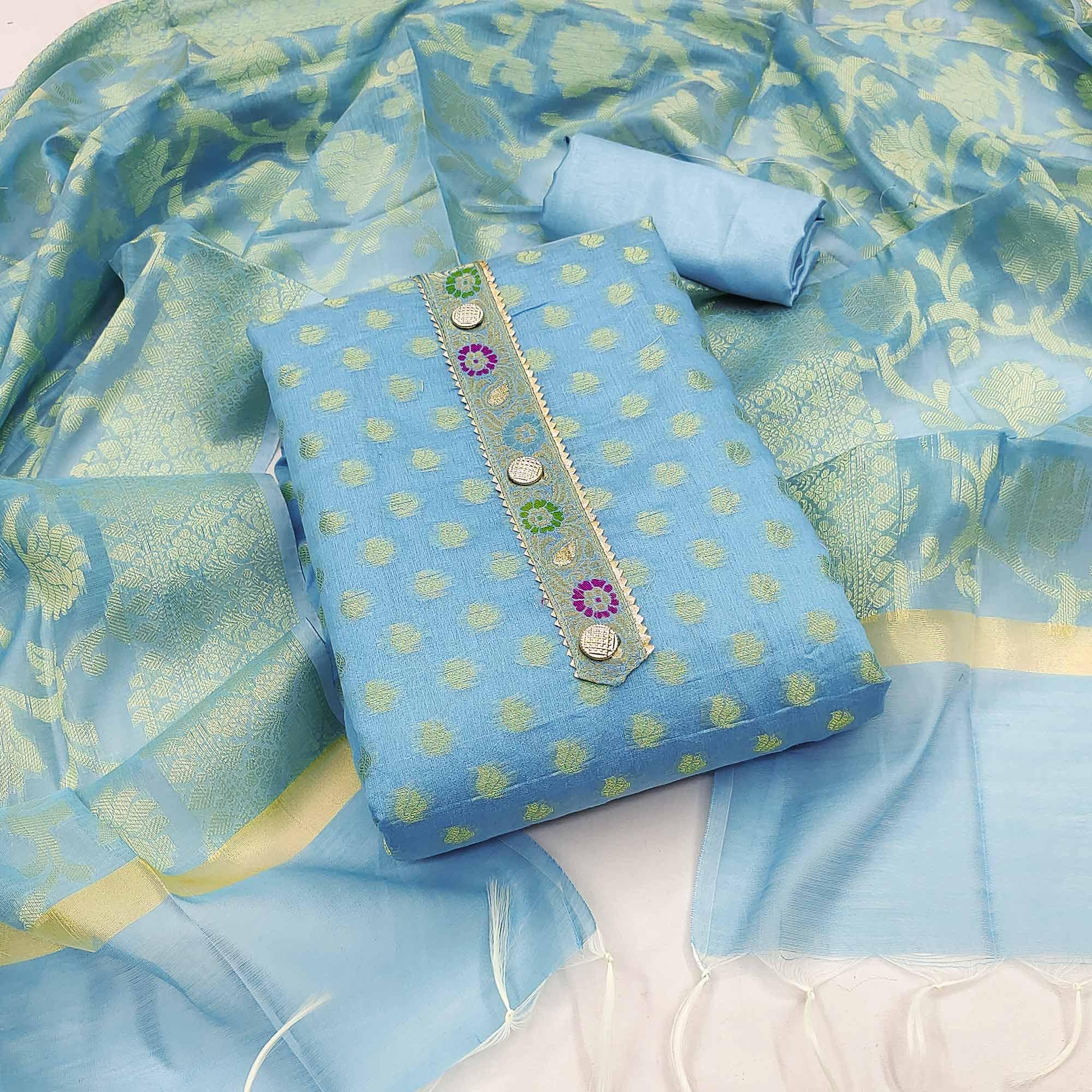 Blue Woven Banarasi Silk Dress Material - Peachmode