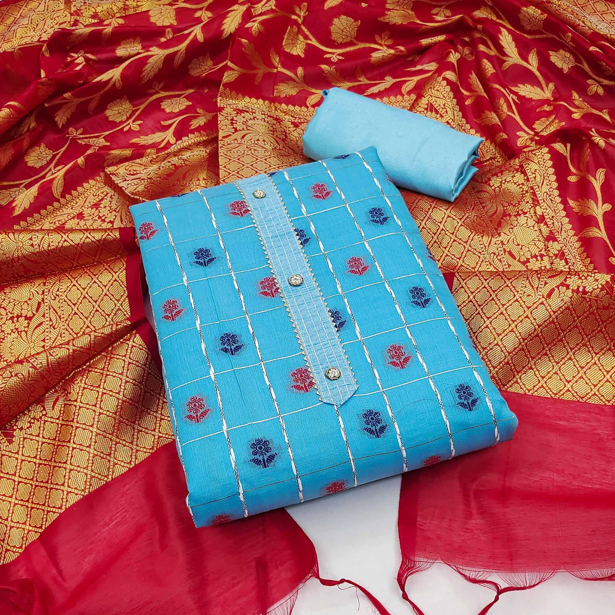 Blue Woven Banarasi Silk Dress Material - Peachmode