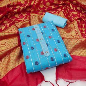 Blue Woven Banarasi Silk Dress Material - Peachmode