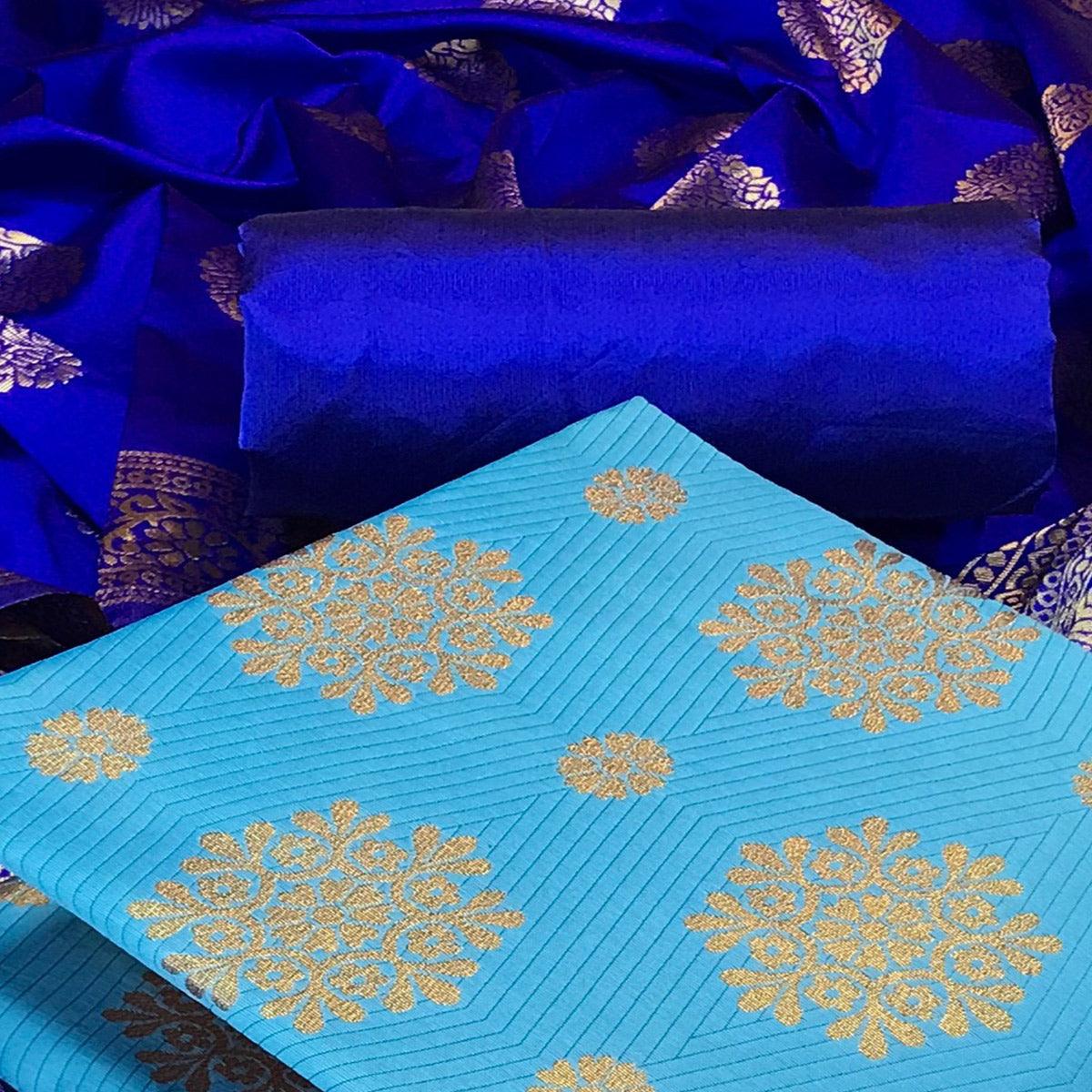 Blue Woven Banarasi Silk Dress Material - Peachmode