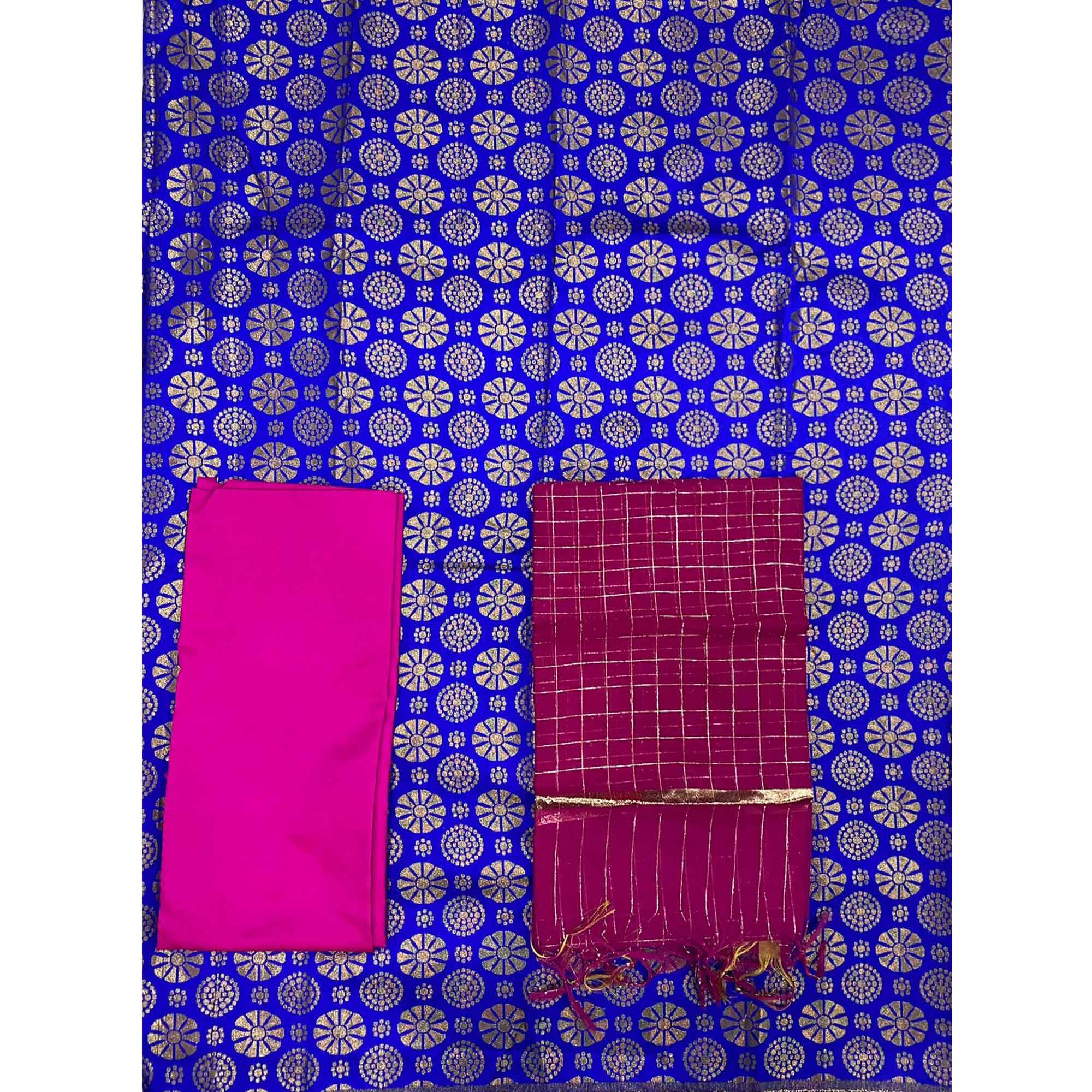 Blue Woven Banarasi Silk Dress Material - Peachmode