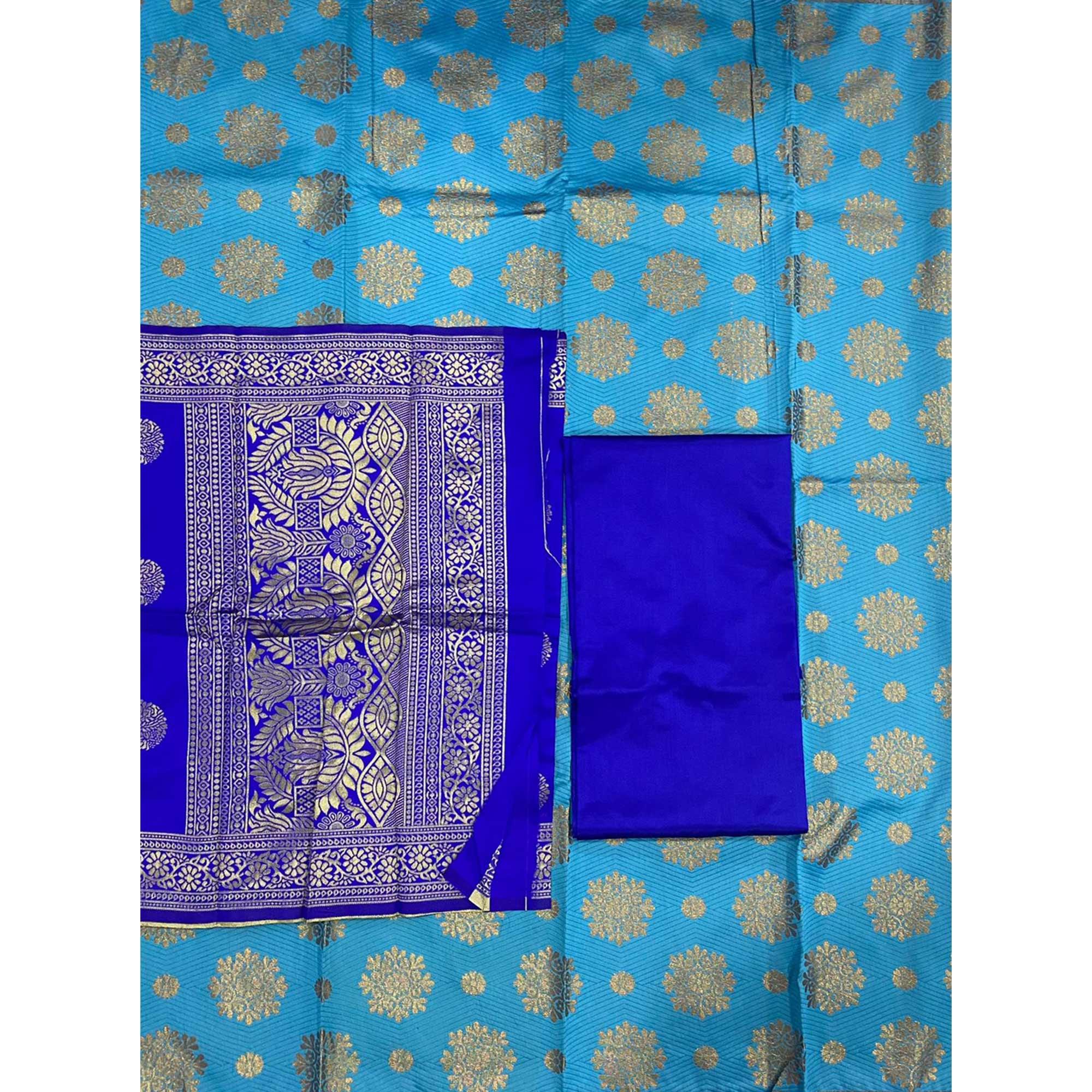Blue Woven Banarasi Silk Dress Material - Peachmode