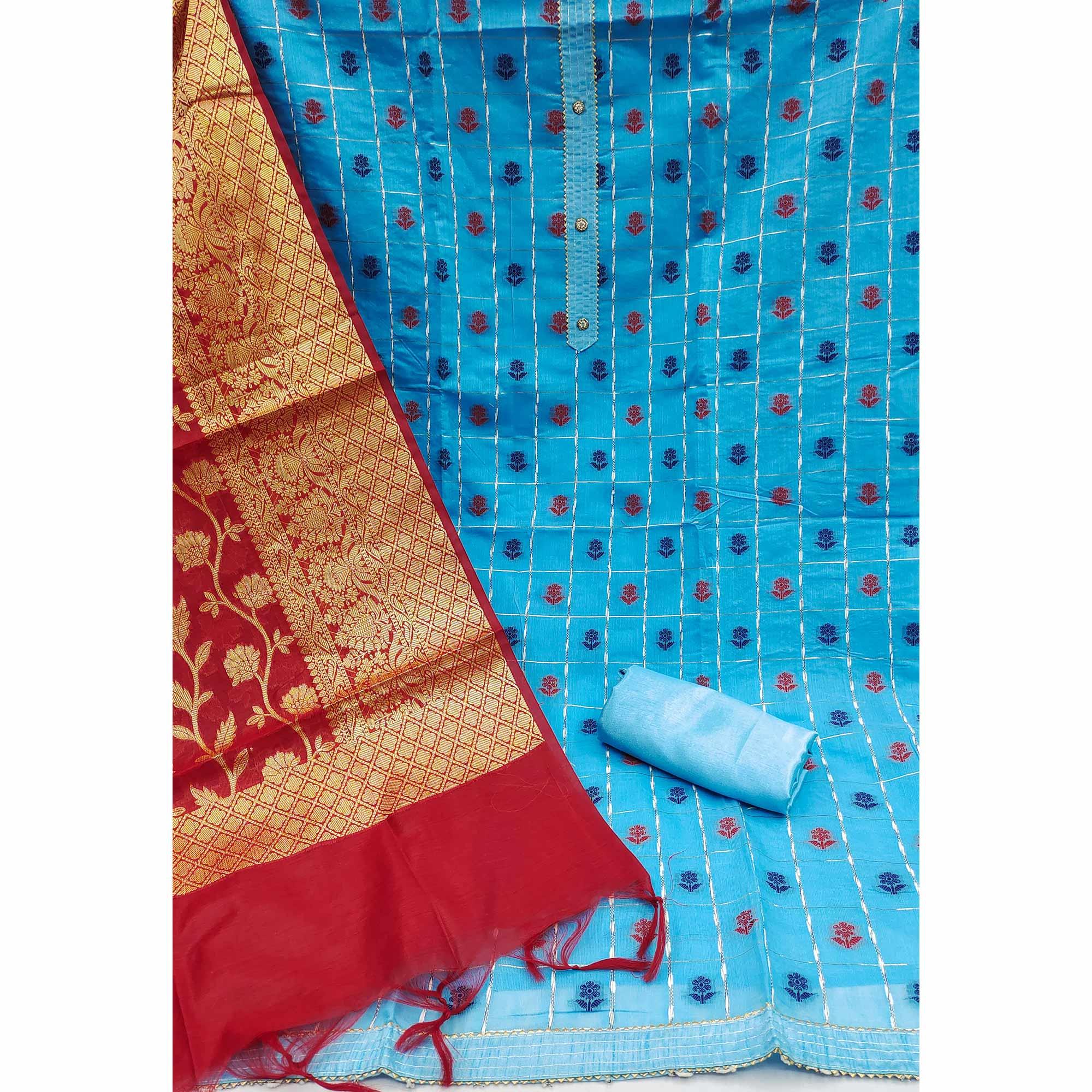 Blue Woven Banarasi Silk Dress Material - Peachmode