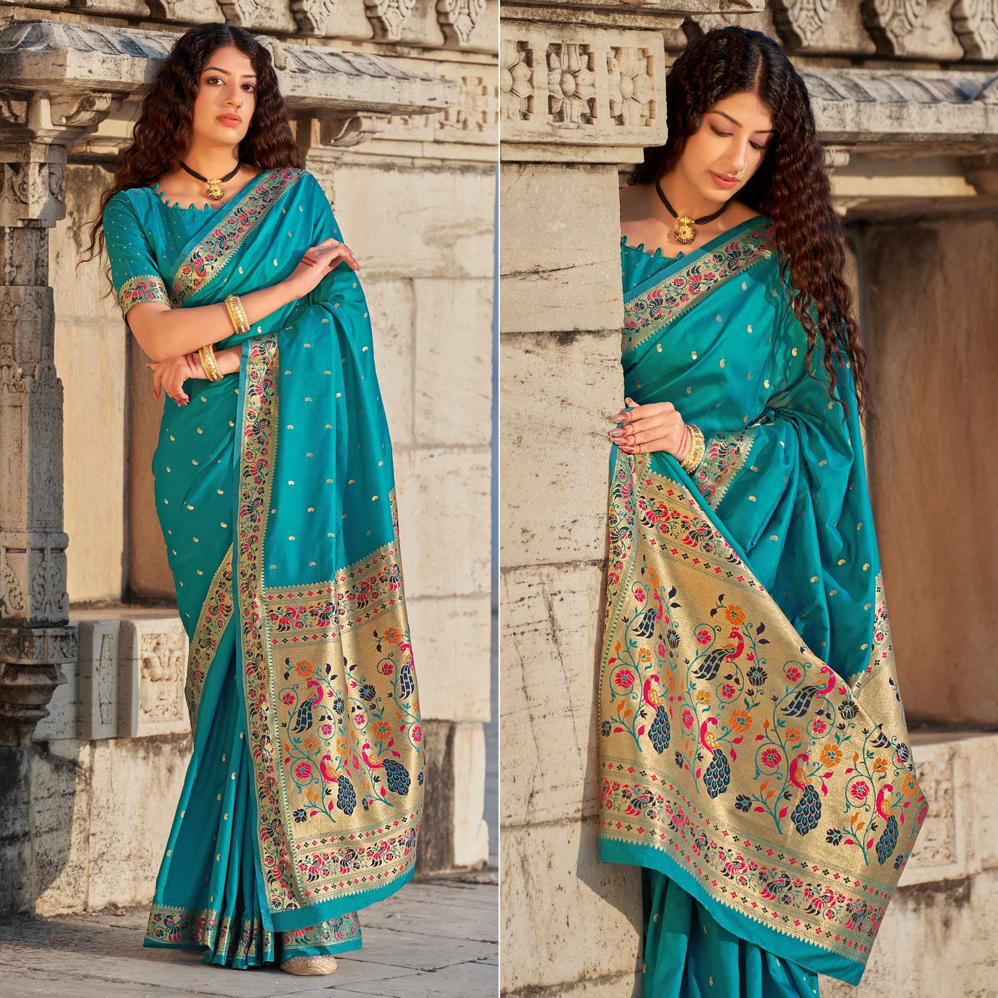 Blue Woven Banarasi Silk Paithani Saree - Peachmode