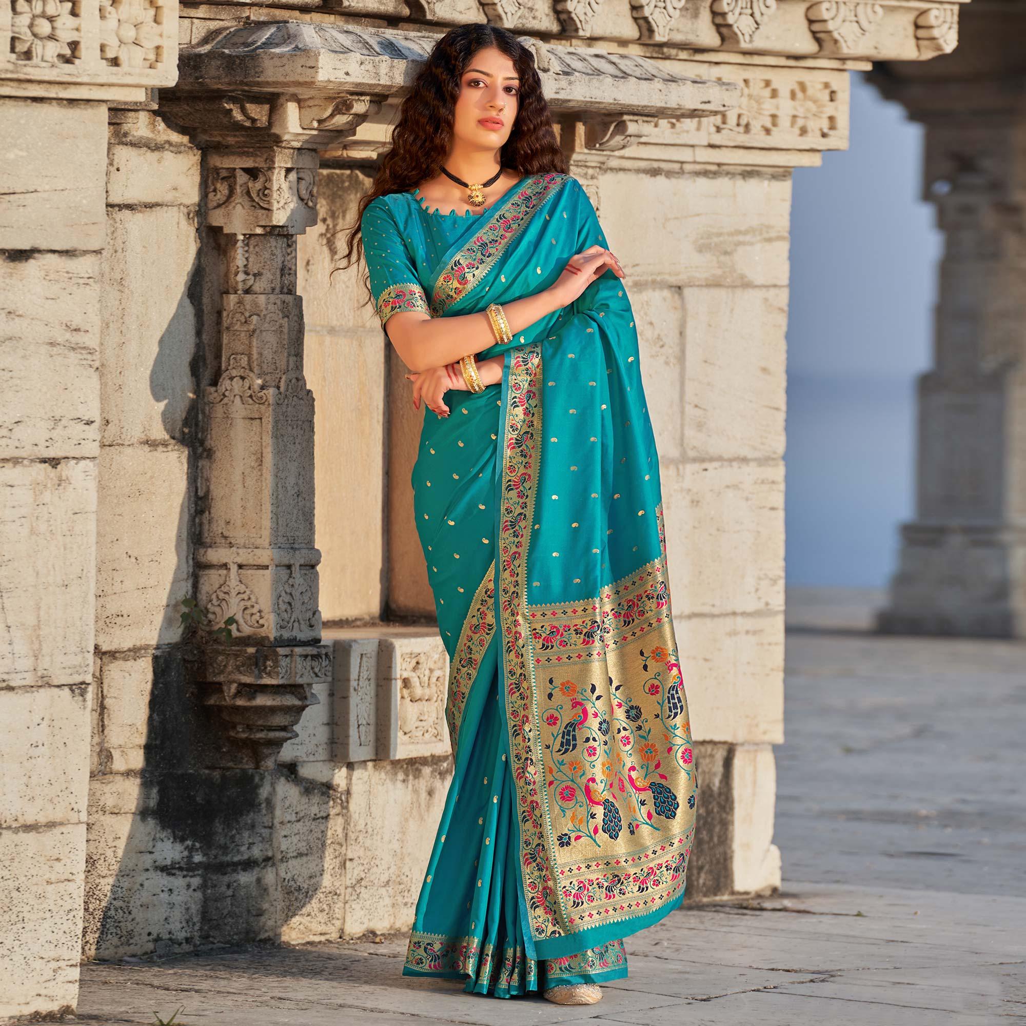 Blue Woven Banarasi Silk Paithani Saree - Peachmode
