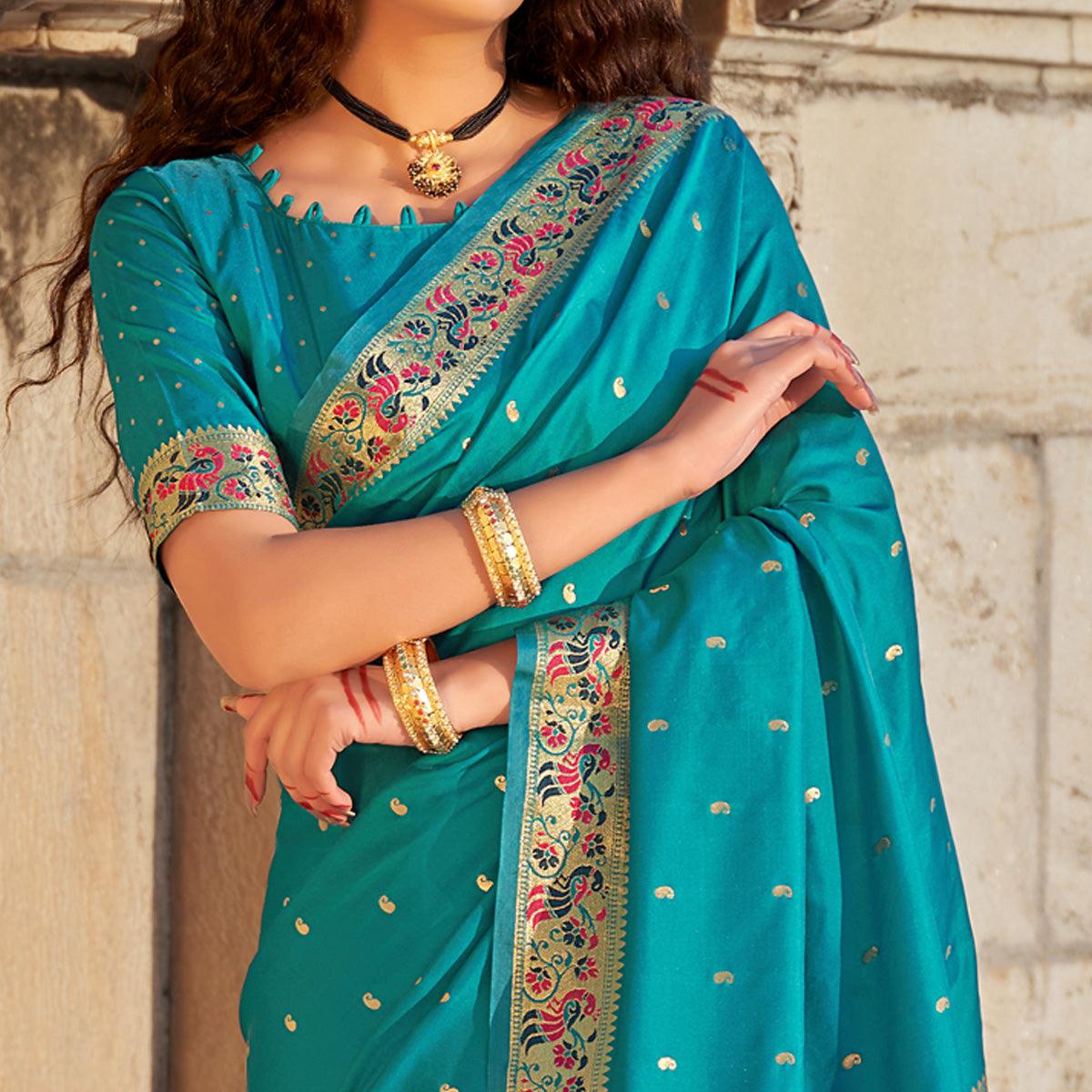 Blue Woven Banarasi Silk Paithani Saree - Peachmode