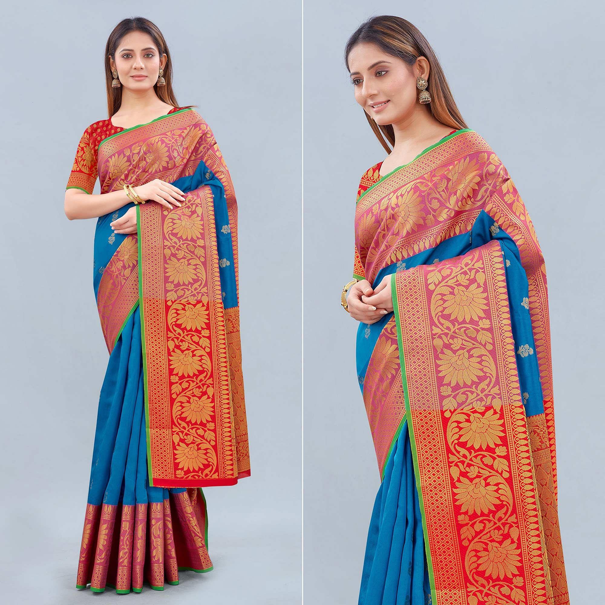 Blue Woven Banarasi Silk Saree - Peachmode