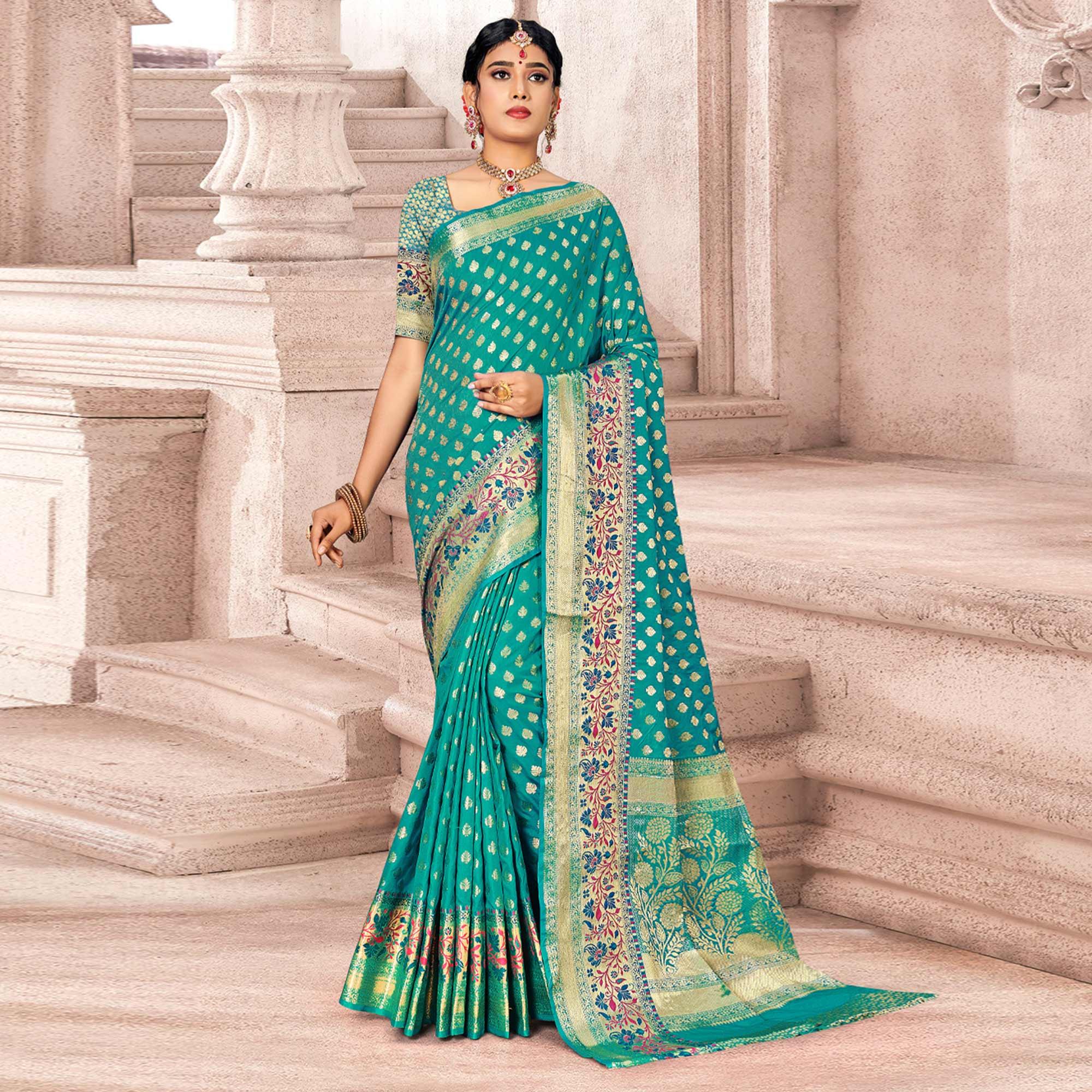 Blue Woven Banarasi Silk Saree - Peachmode