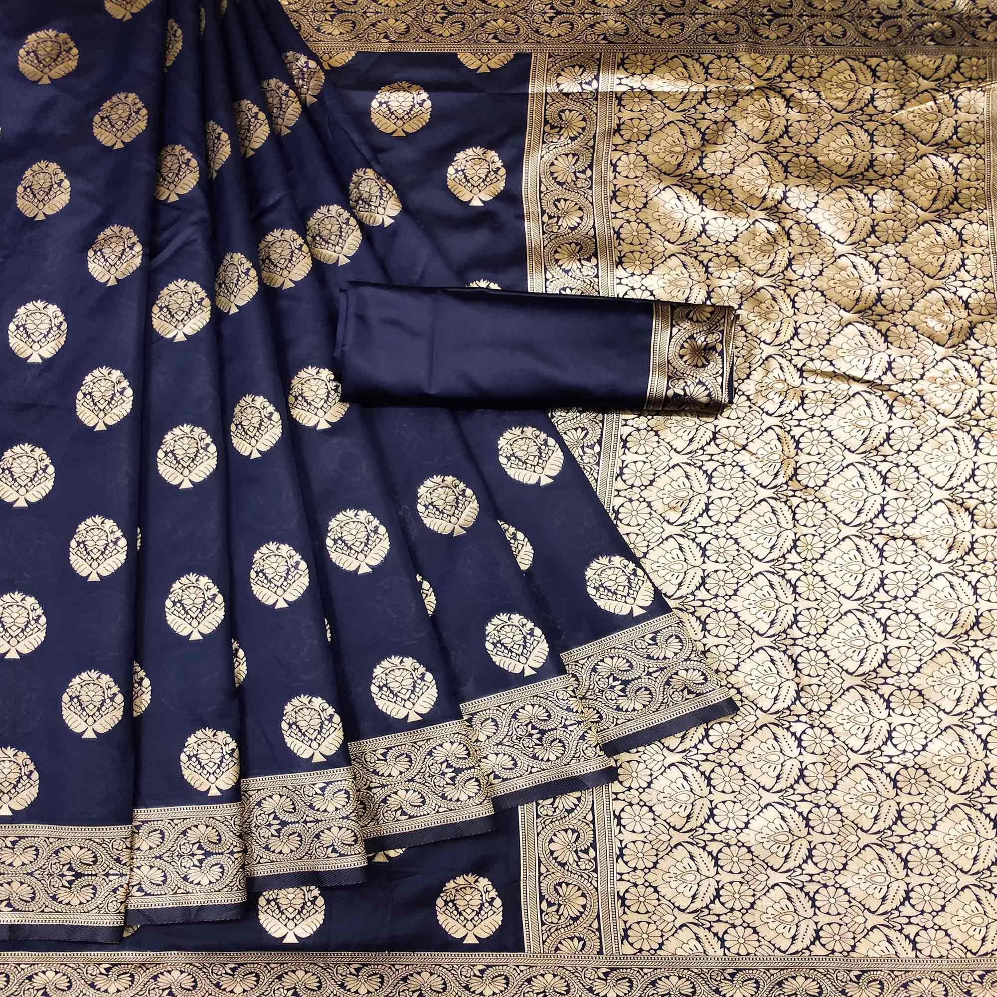 Blue Woven Banarasi Silk Saree - Peachmode
