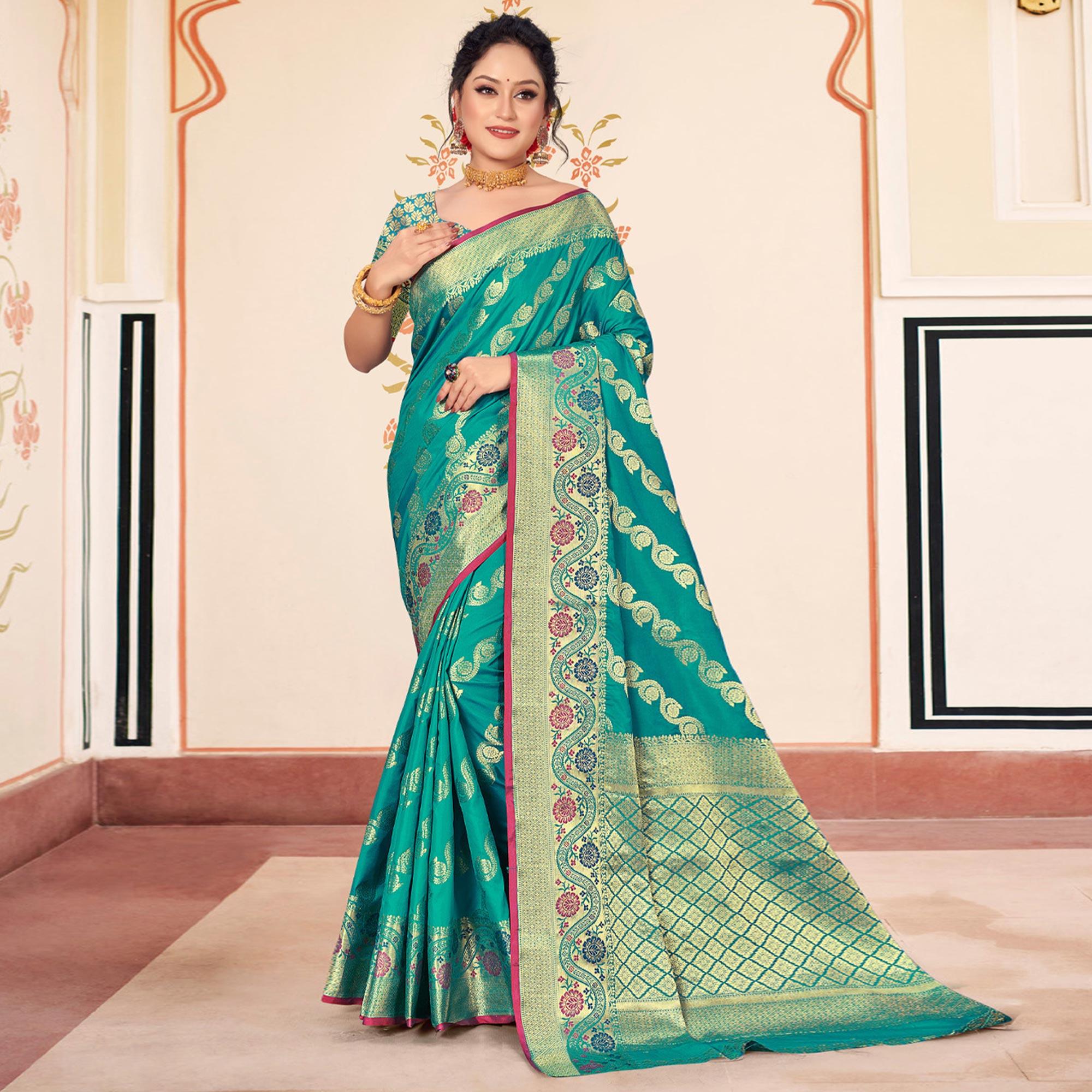 Blue Woven Banarasi Silk Saree - Peachmode