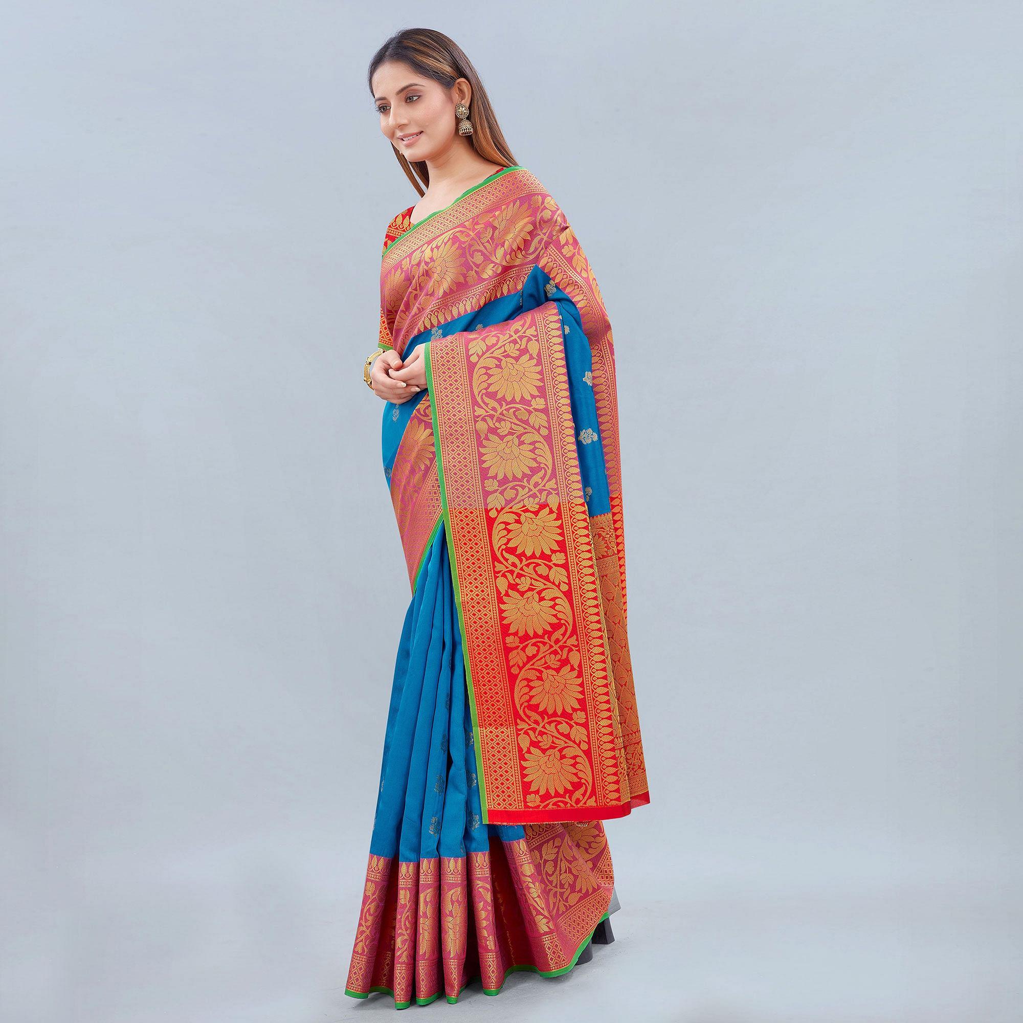 Blue Woven Banarasi Silk Saree - Peachmode