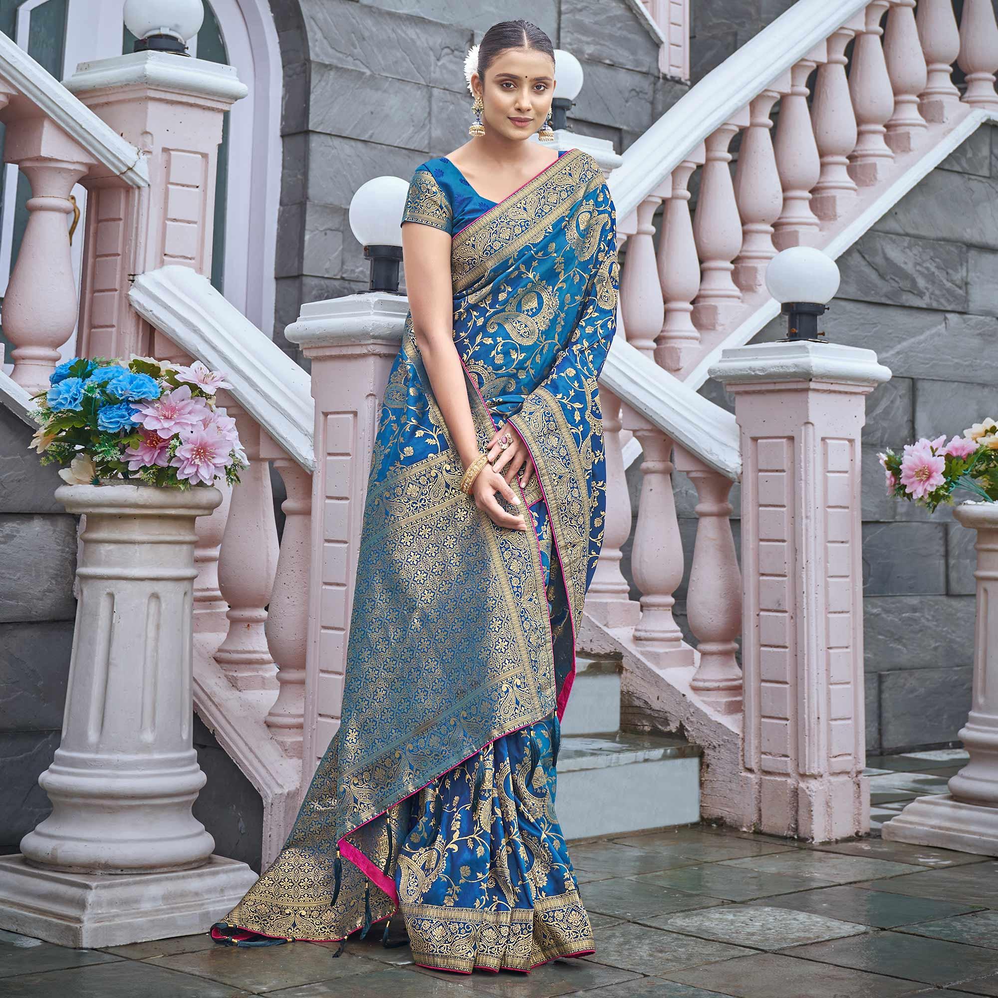 Blue Woven Banarasi Silk Saree - Peachmode