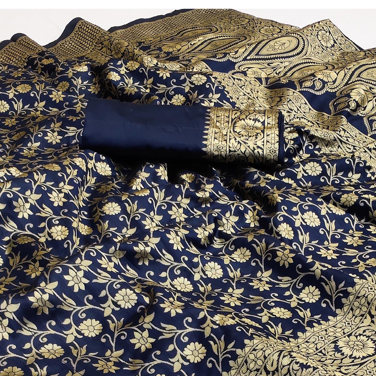 Blue Woven Banarasi Silk Saree - Peachmode