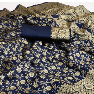 Blue Woven Banarasi Silk Saree - Peachmode