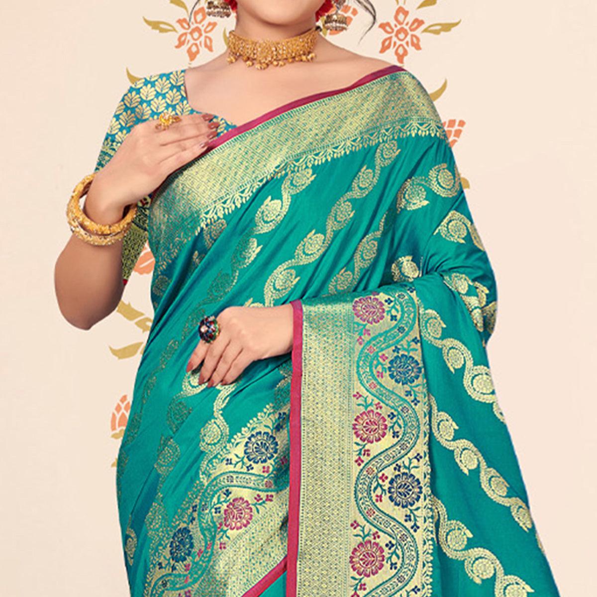 Blue Woven Banarasi Silk Saree - Peachmode