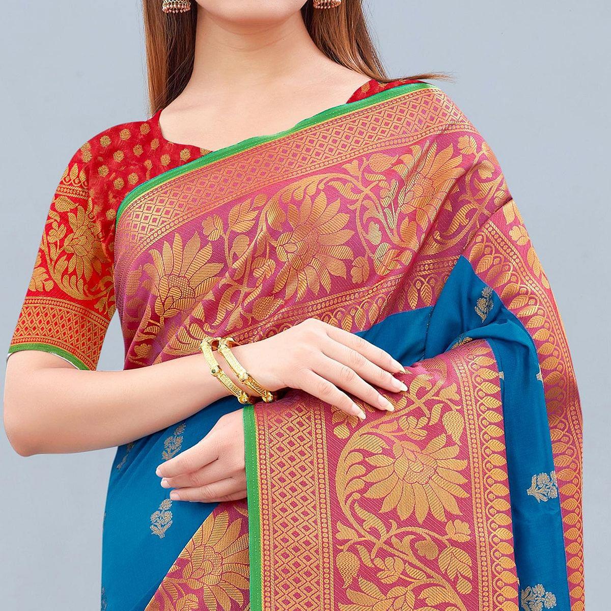 Blue Woven Banarasi Silk Saree - Peachmode