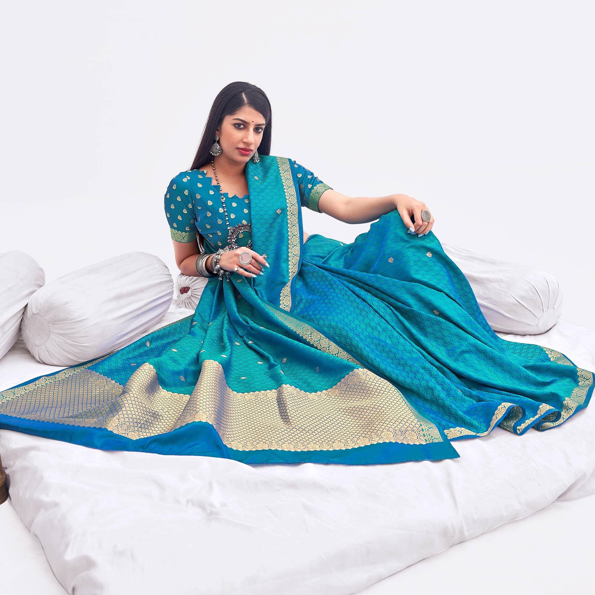 Blue Woven Banarasi Silk Saree - Peachmode