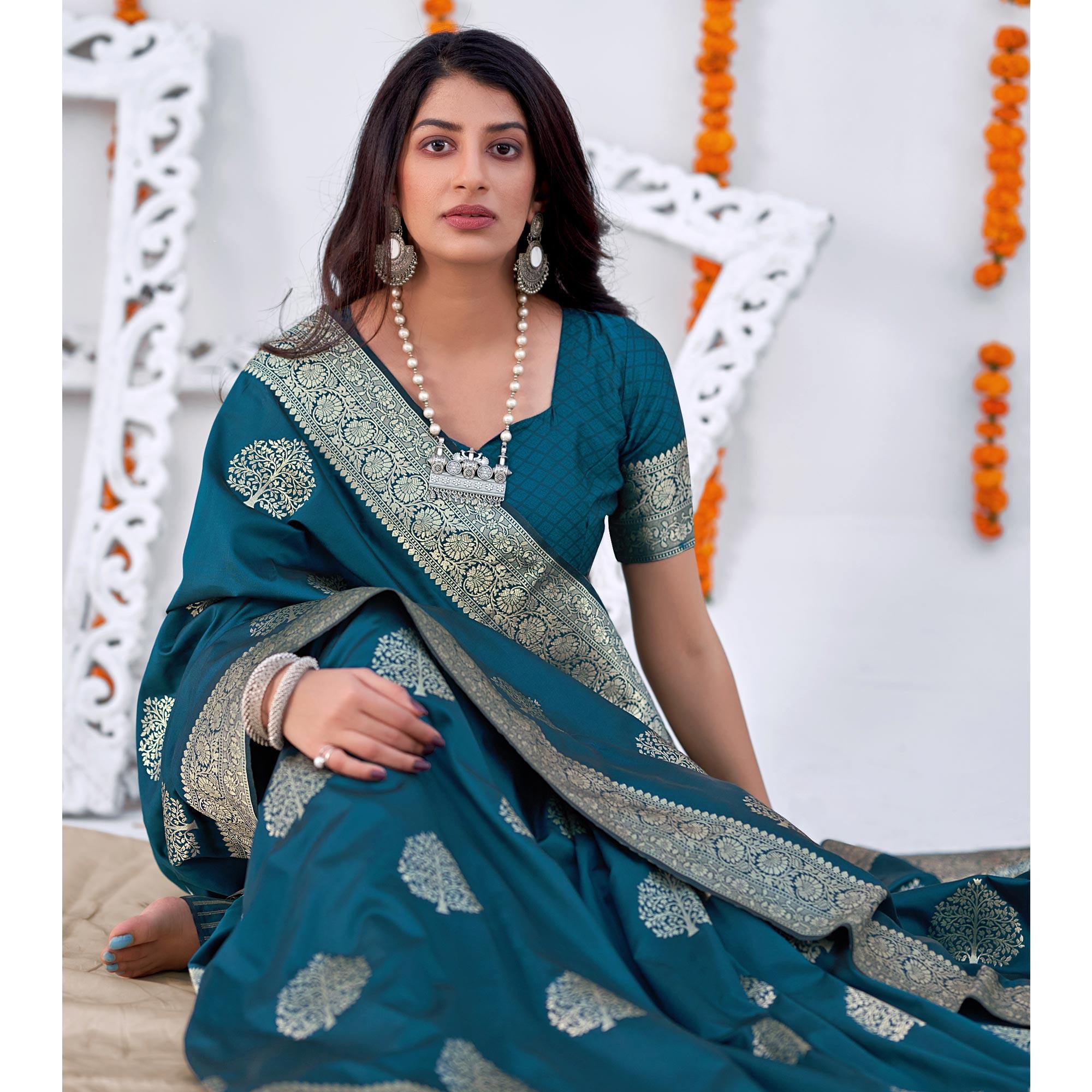 Blue Woven Banarasi Silk Saree - Peachmode