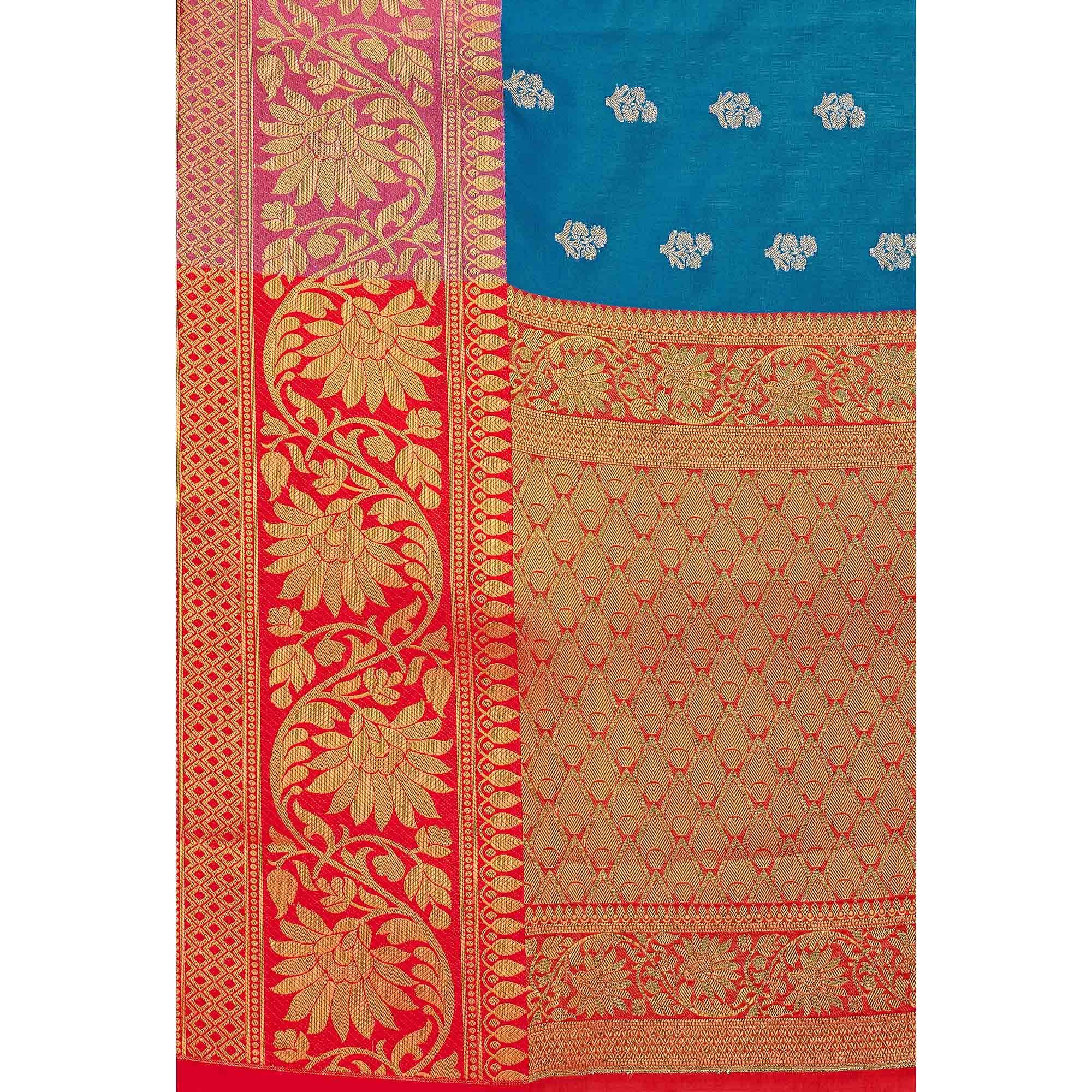 Blue Woven Banarasi Silk Saree - Peachmode