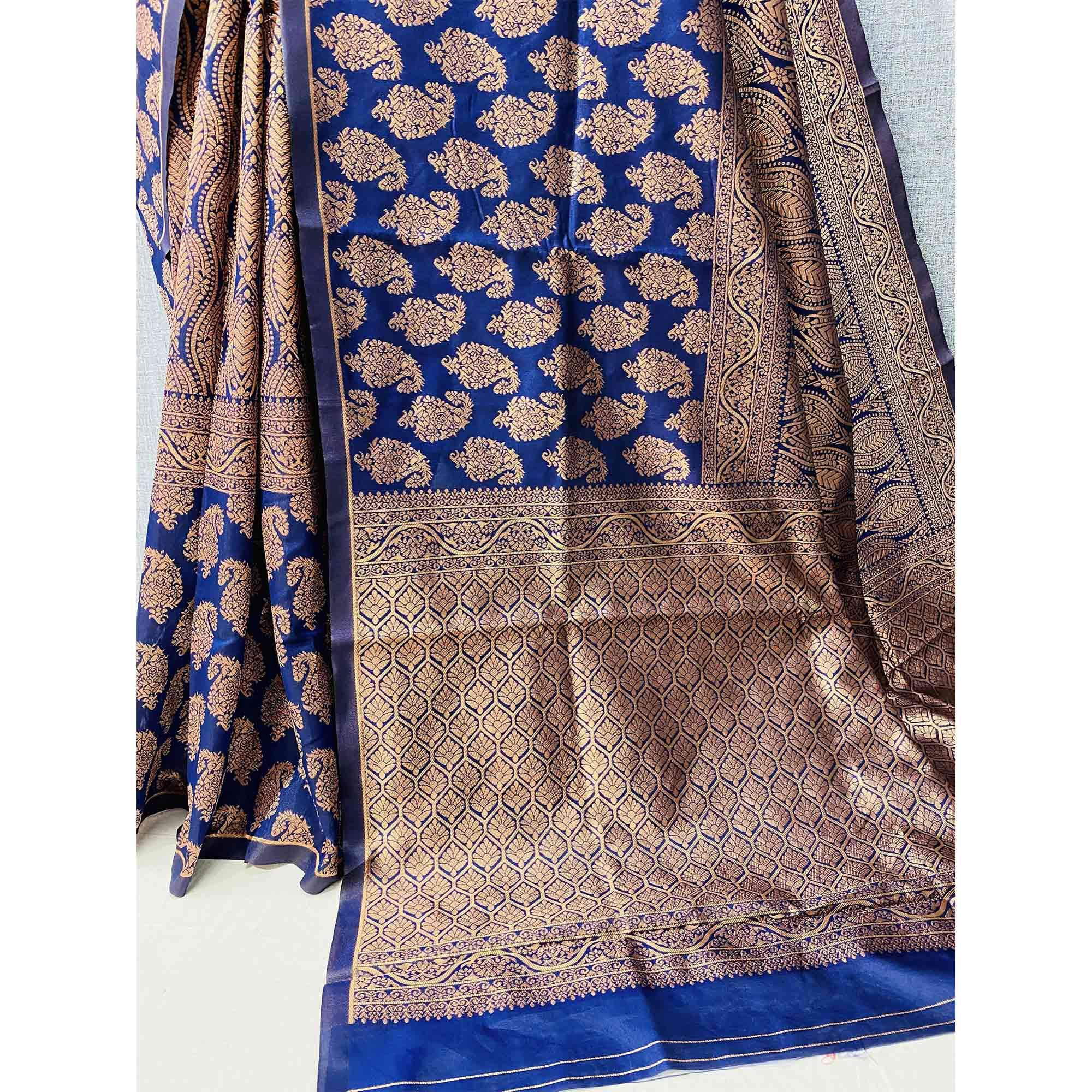 Blue Woven Banarasi Silk Saree - Peachmode