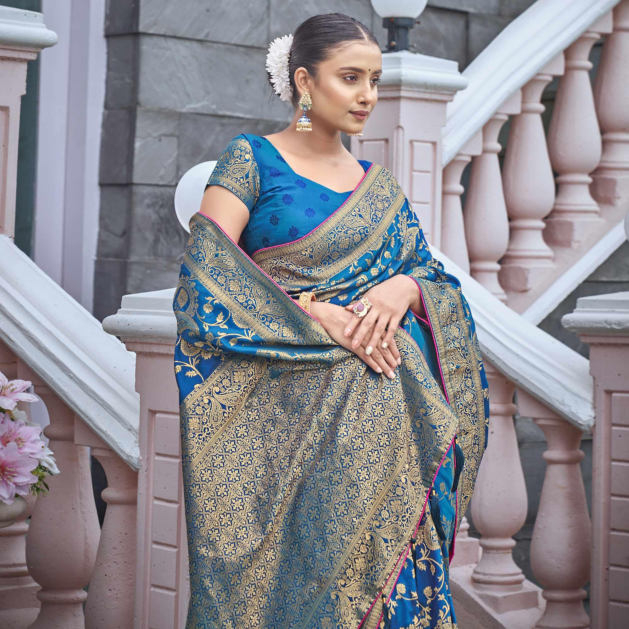 Blue Woven Banarasi Silk Saree - Peachmode