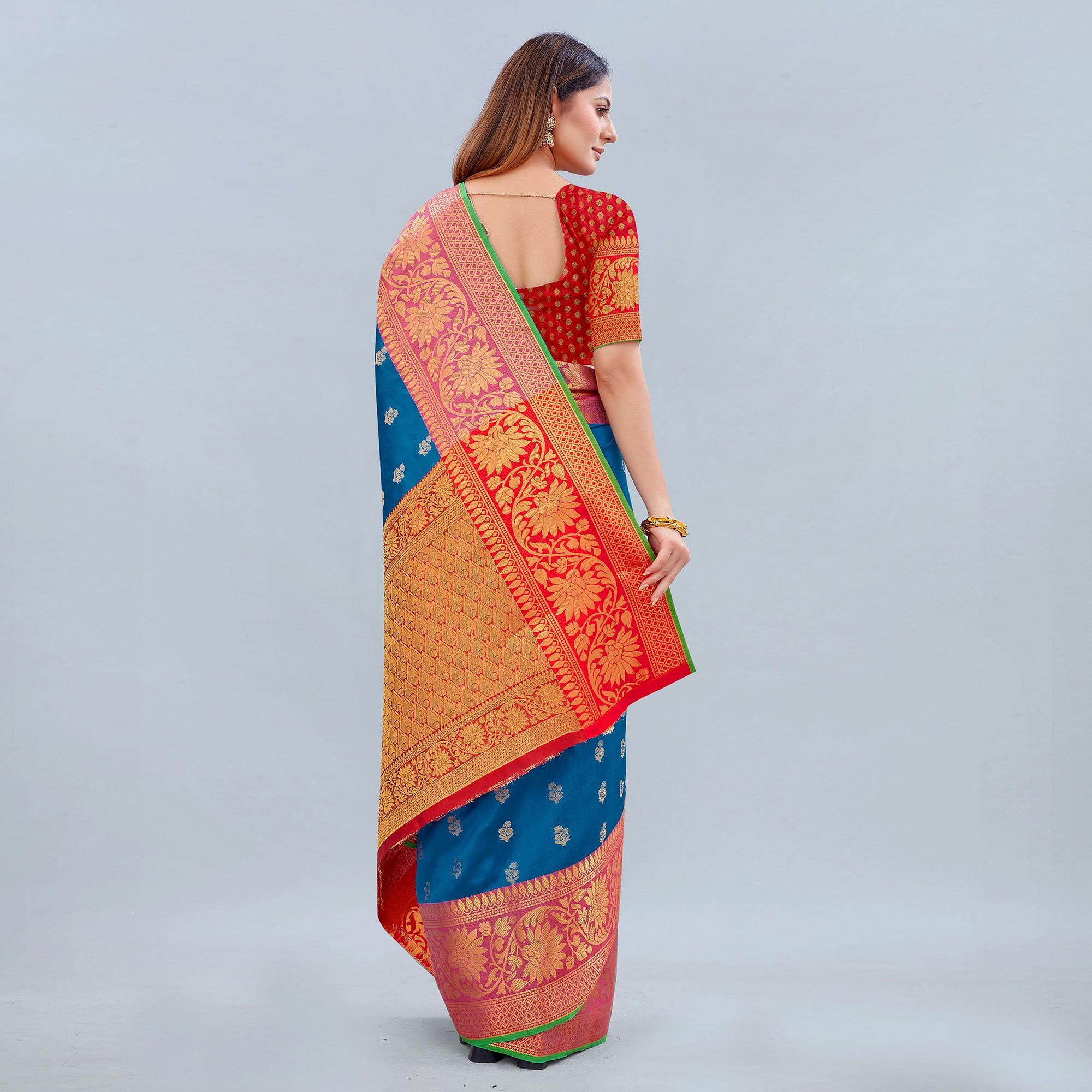 Blue Woven Banarasi Silk Saree - Peachmode