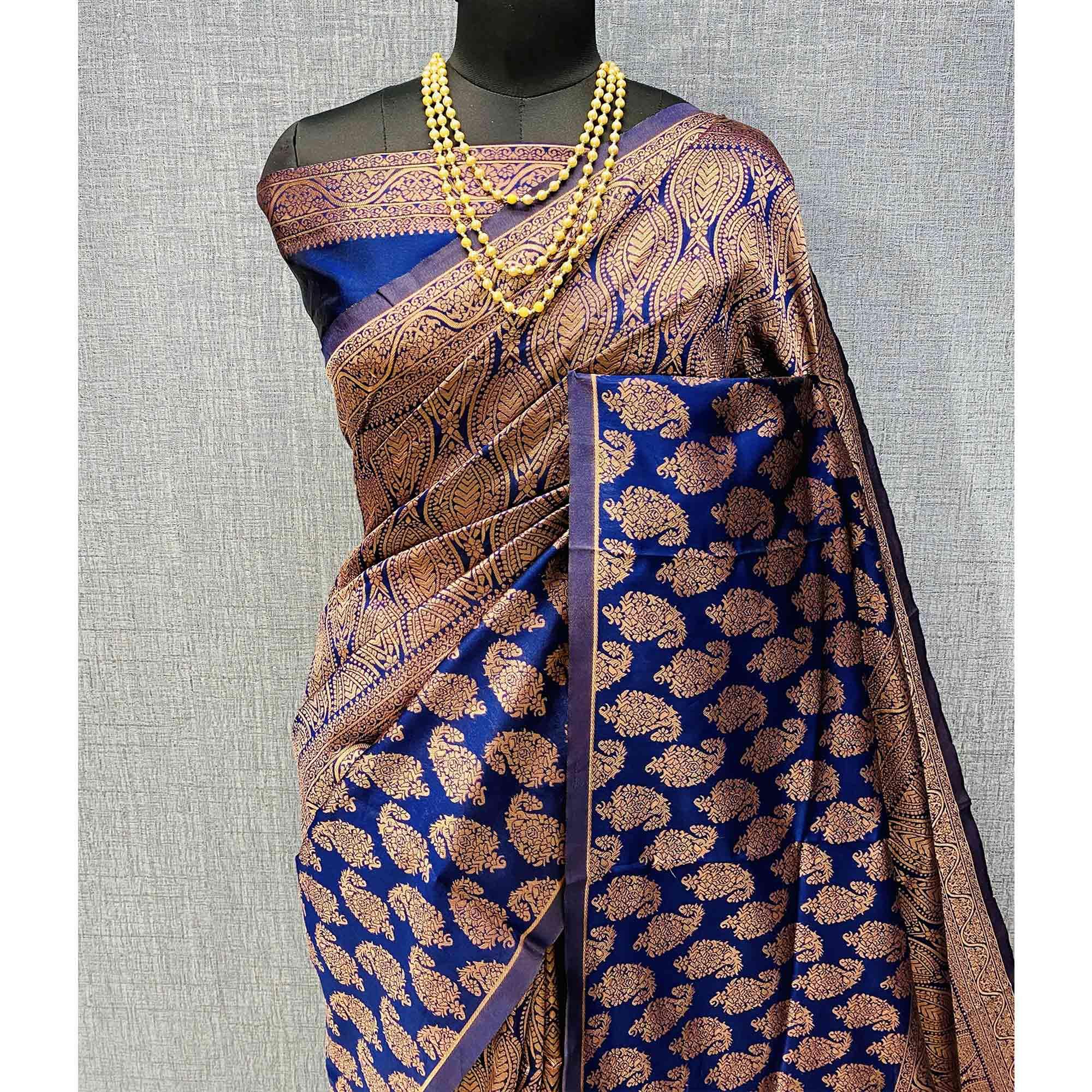 Blue Woven Banarasi Silk Saree - Peachmode