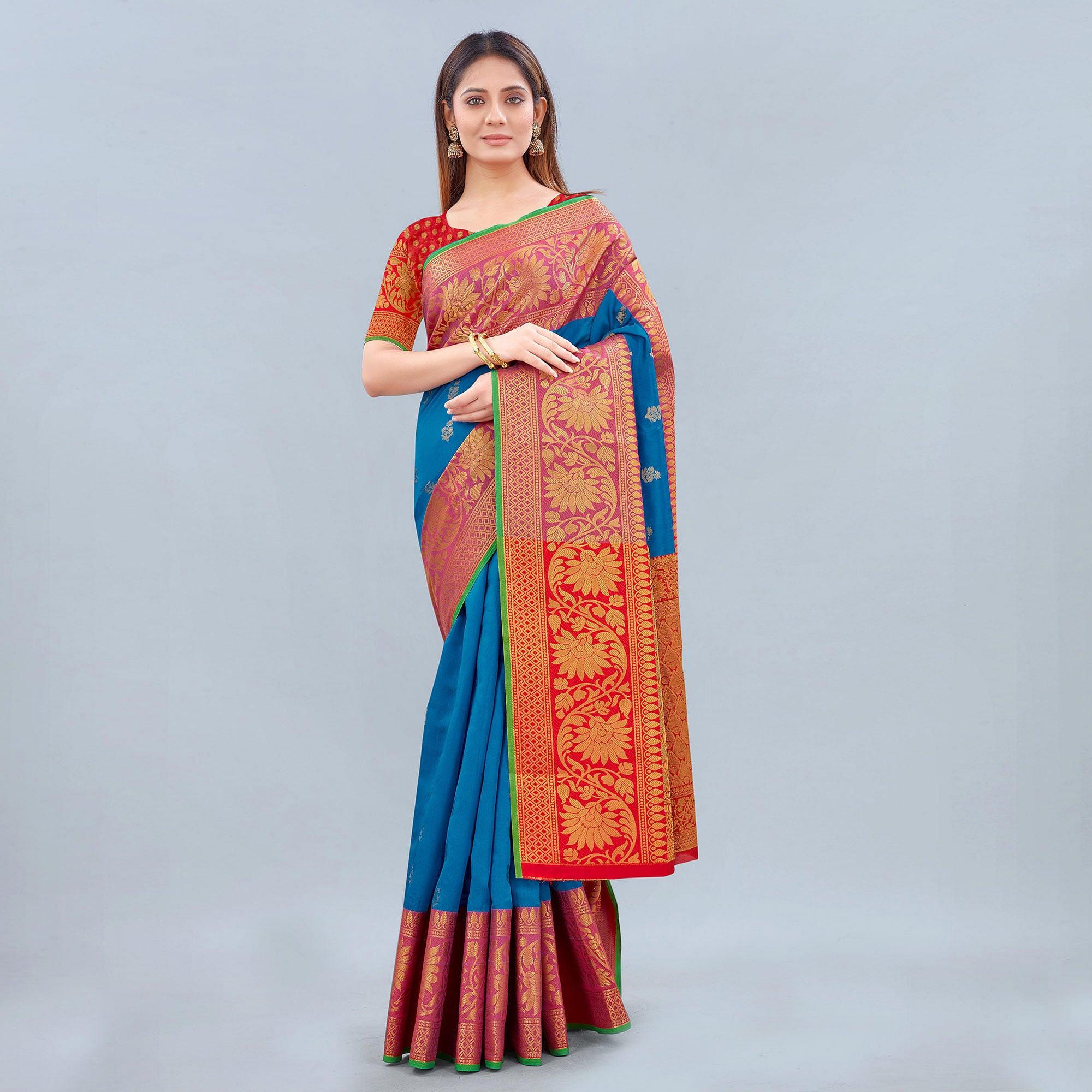 Blue Woven Banarasi Silk Saree - Peachmode