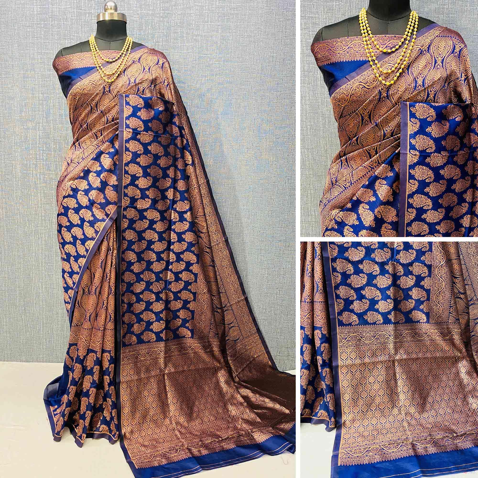 Blue Woven Banarasi Silk Saree - Peachmode