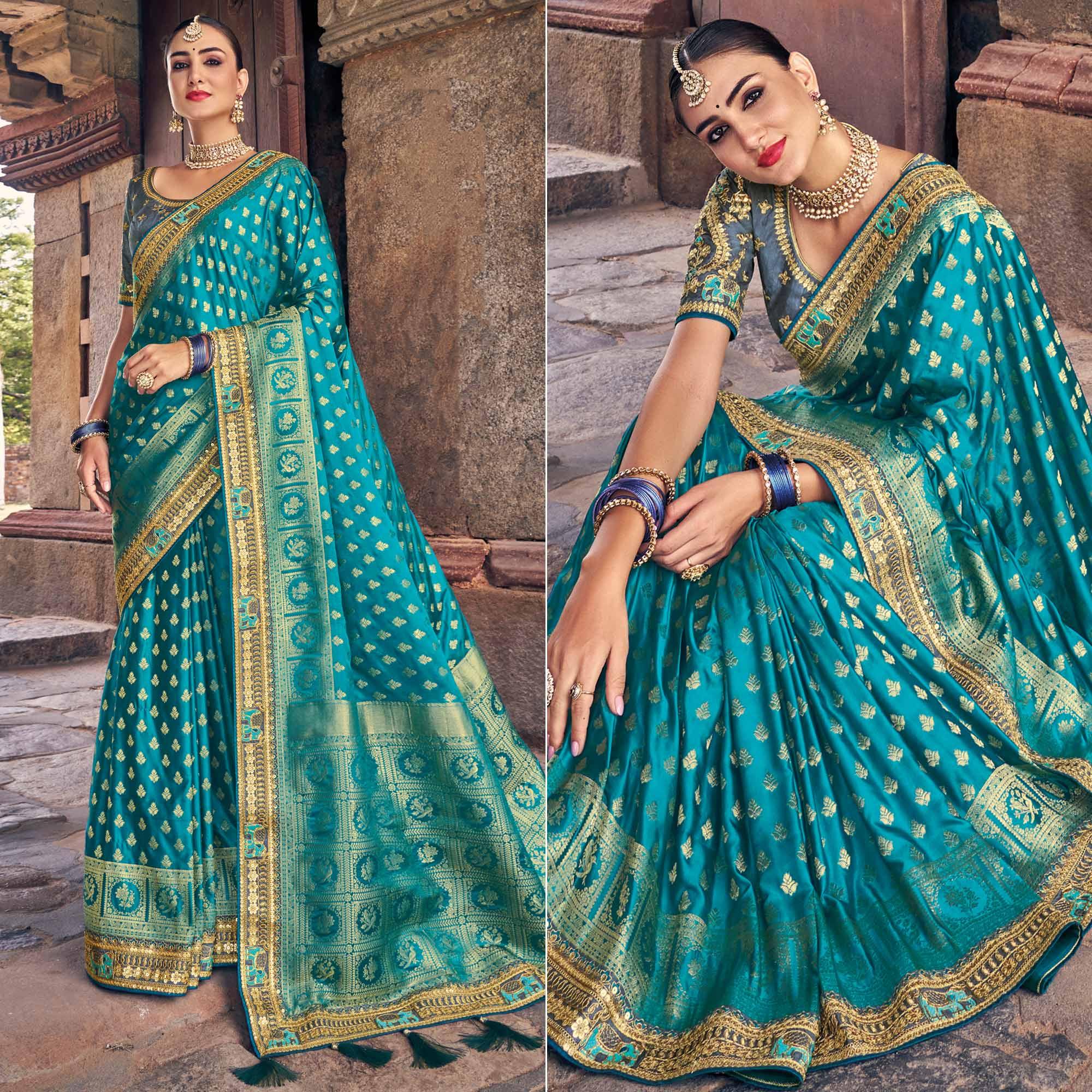Blue Woven Banarasi Silk Saree With Tassels - Peachmode