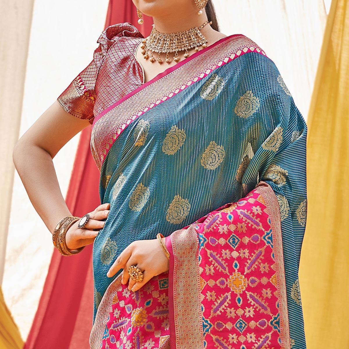 Blue Woven Banarasi Silk Saree With Tassels - Peachmode