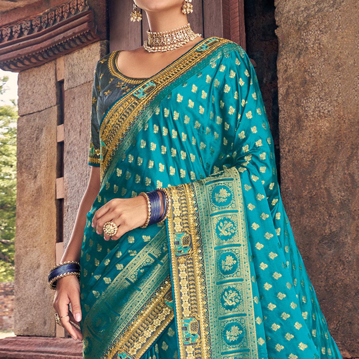 Blue Woven Banarasi Silk Saree With Tassels - Peachmode