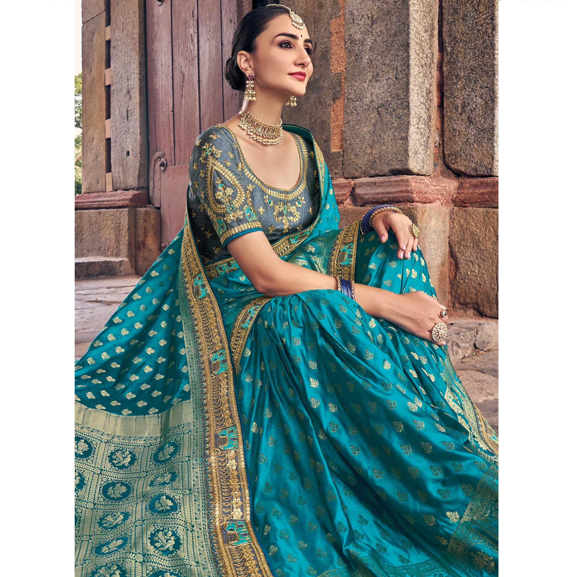 Blue Woven Banarasi Silk Saree With Tassels - Peachmode