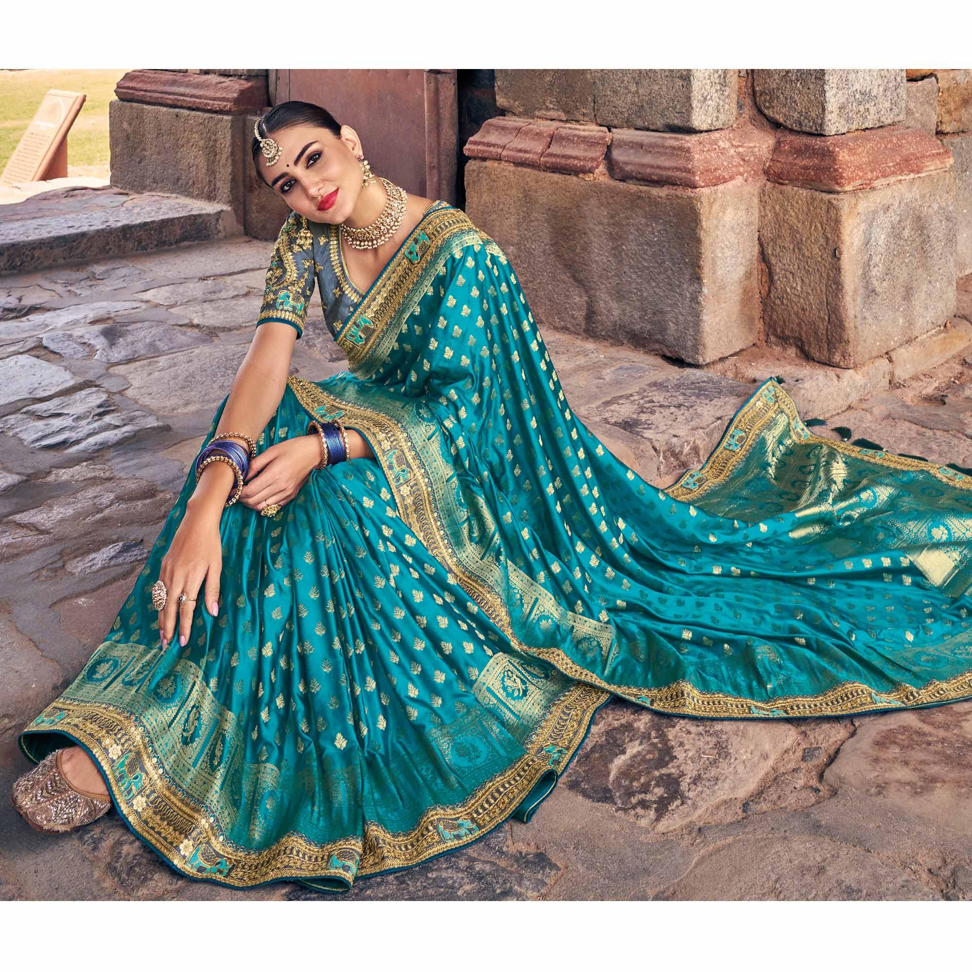 Blue Woven Banarasi Silk Saree With Tassels - Peachmode