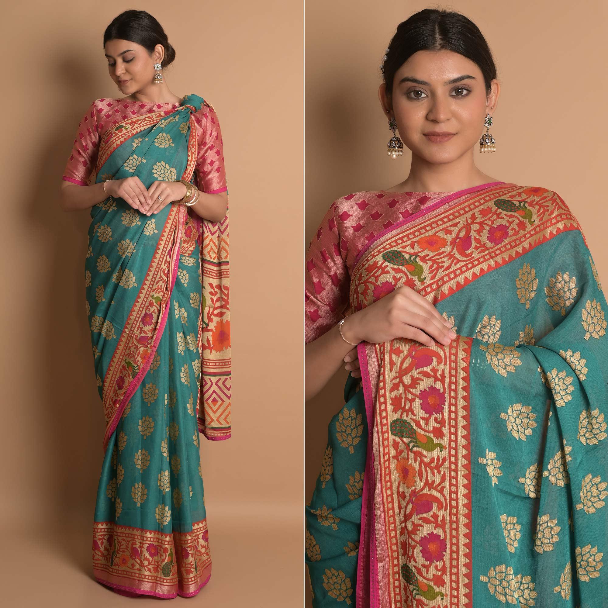 Blue Woven Brasso Saree - Peachmode