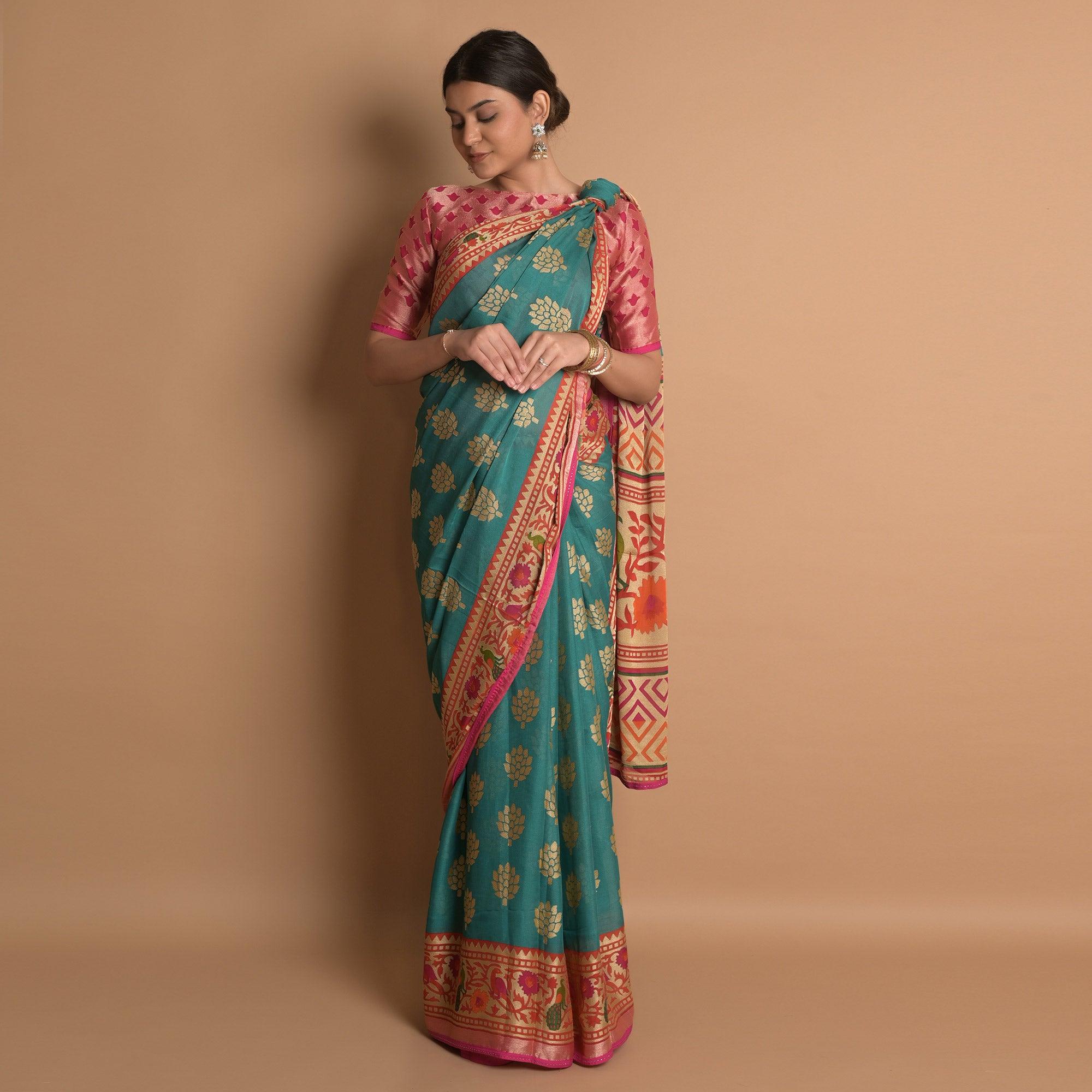 Blue Woven Brasso Saree - Peachmode