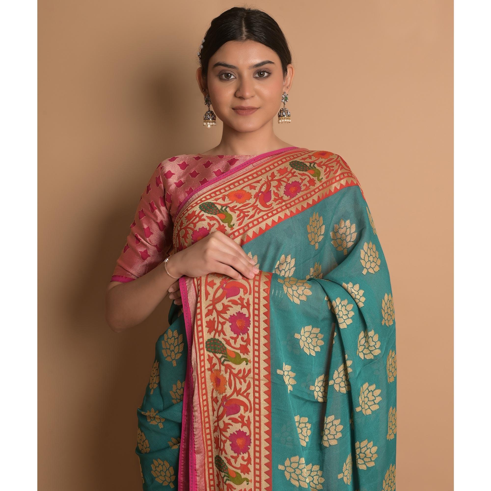 Blue Woven Brasso Saree - Peachmode