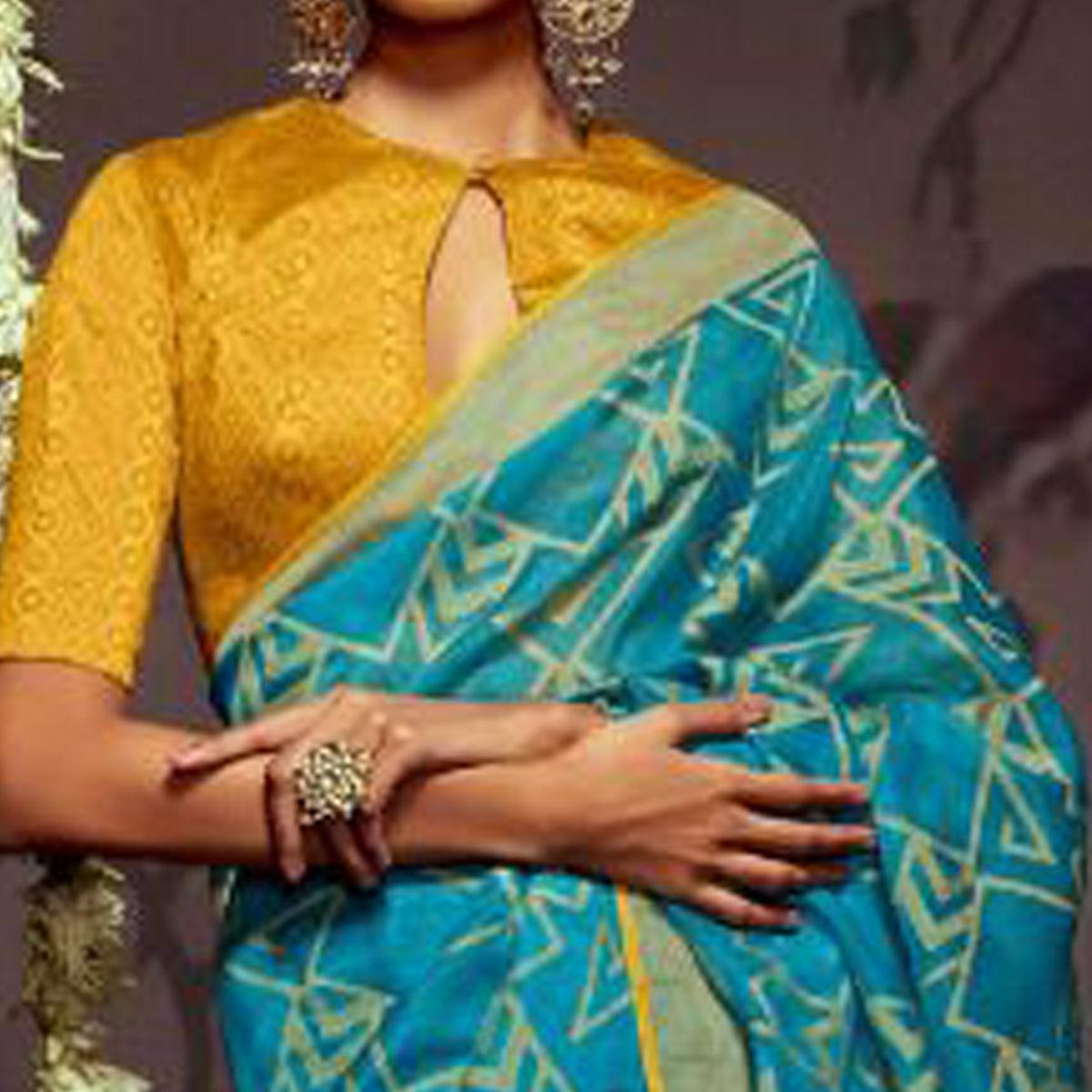 Blue Woven Brasso Saree With Tassels - Peachmode