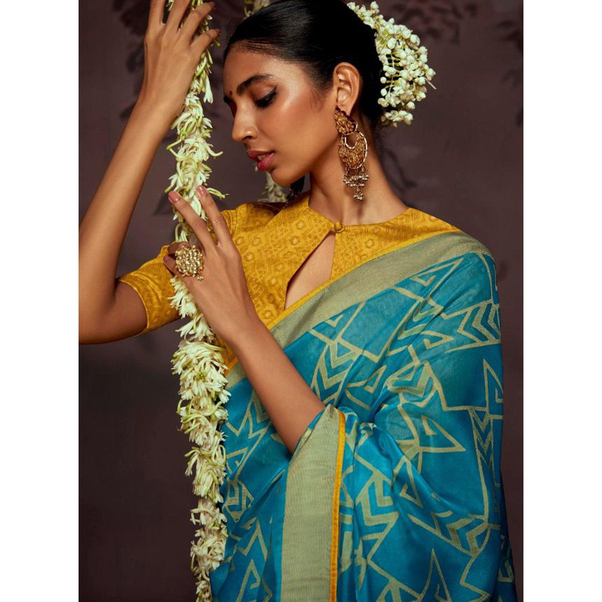Blue Woven Brasso Saree With Tassels - Peachmode
